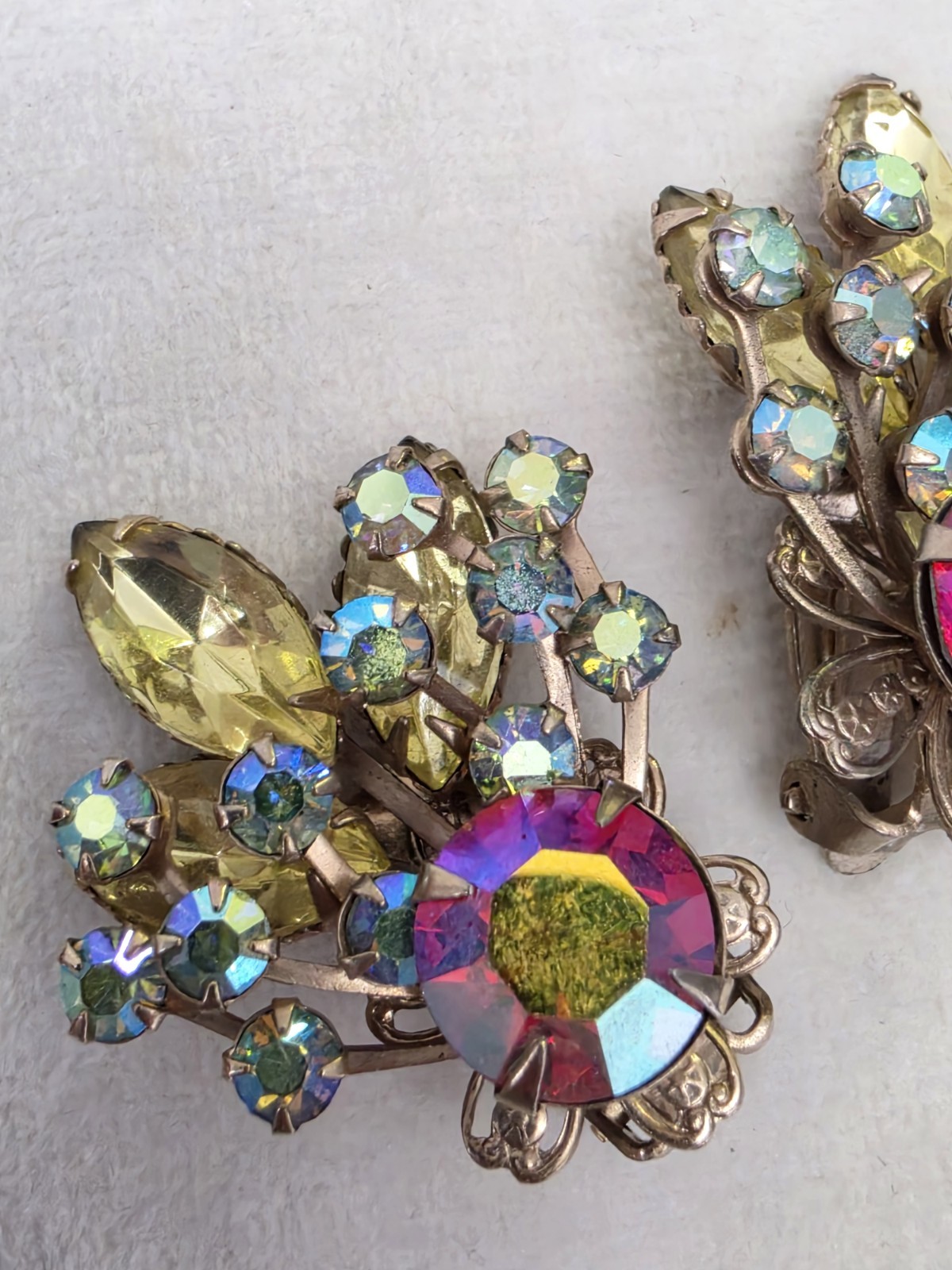 Vintage Multicolor AB Rhinestone Red Yellow Navette Floral Spray Clip Earrings