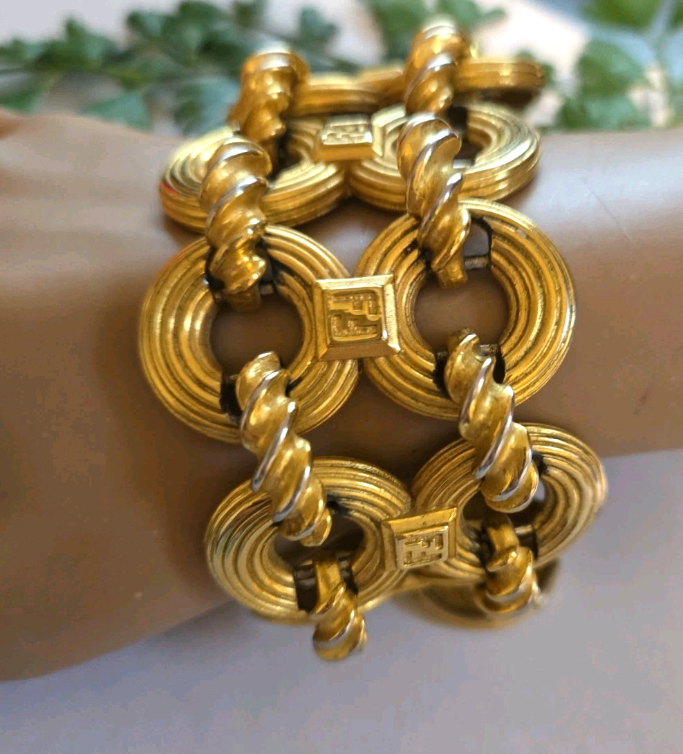 Vintage FENDI Wide Two Row Gold Plate Bracelet 8″ Length Signed 80s