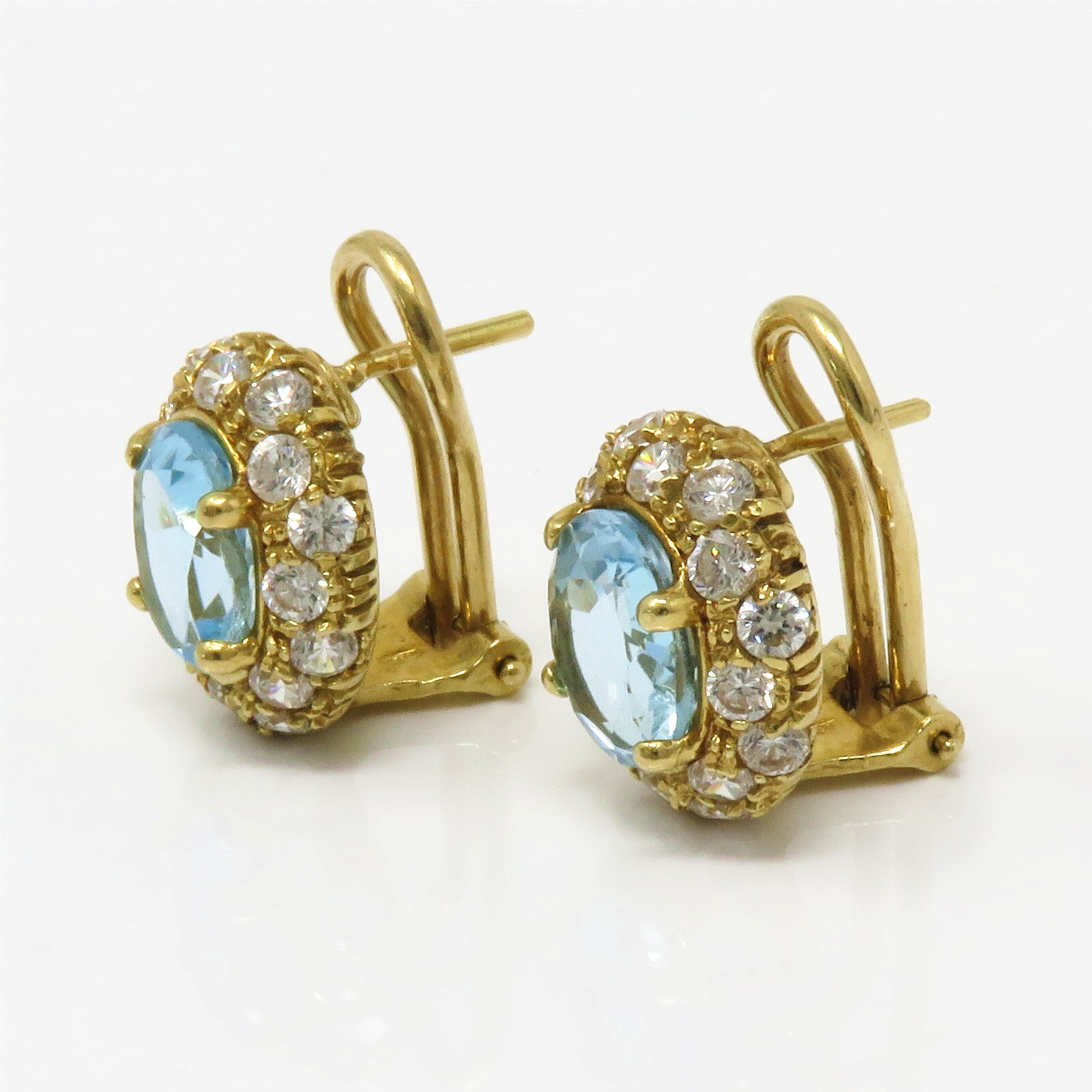NYJEWEL 18k Yellow Gold Blue Topaz & Clear Stone Omega Back Earrings
