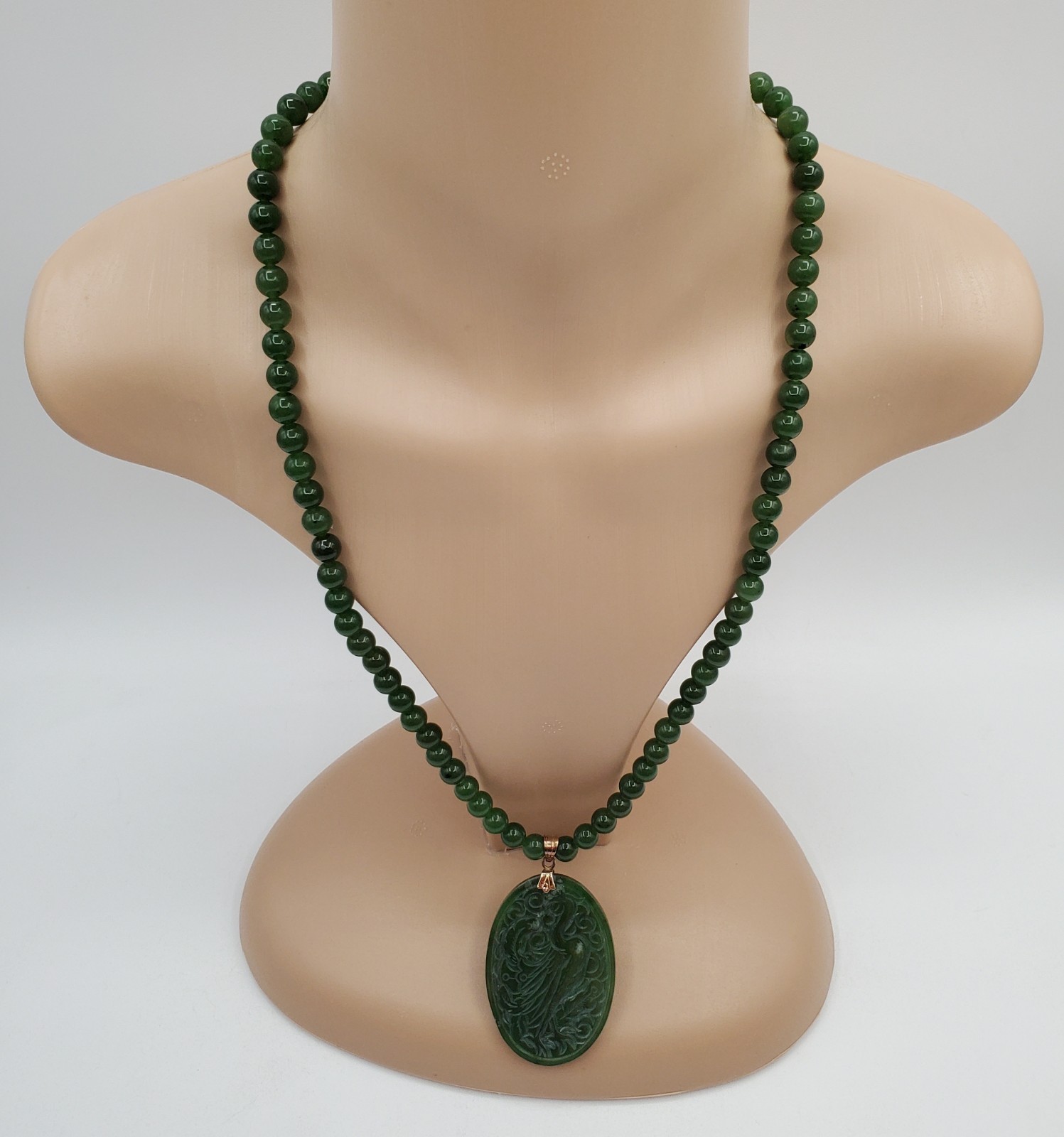 VTG 925 Spinach Jade Crane Dragon Pendant 24in Bead Necklace Carved Reversible