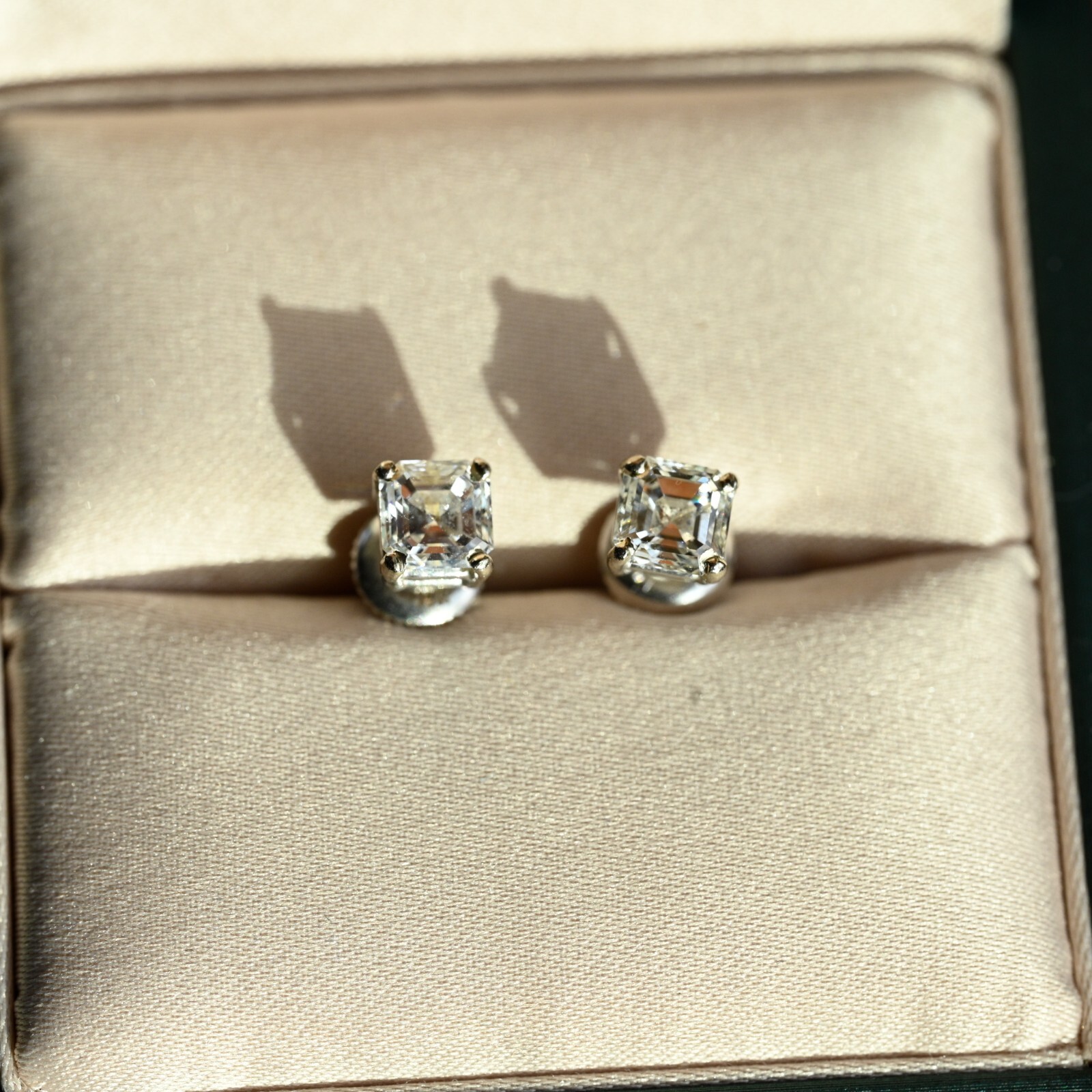 1.52 CTW Diamond Earrings Asscher VS1 E-F Excellent Cut 14k White Screw Stud
