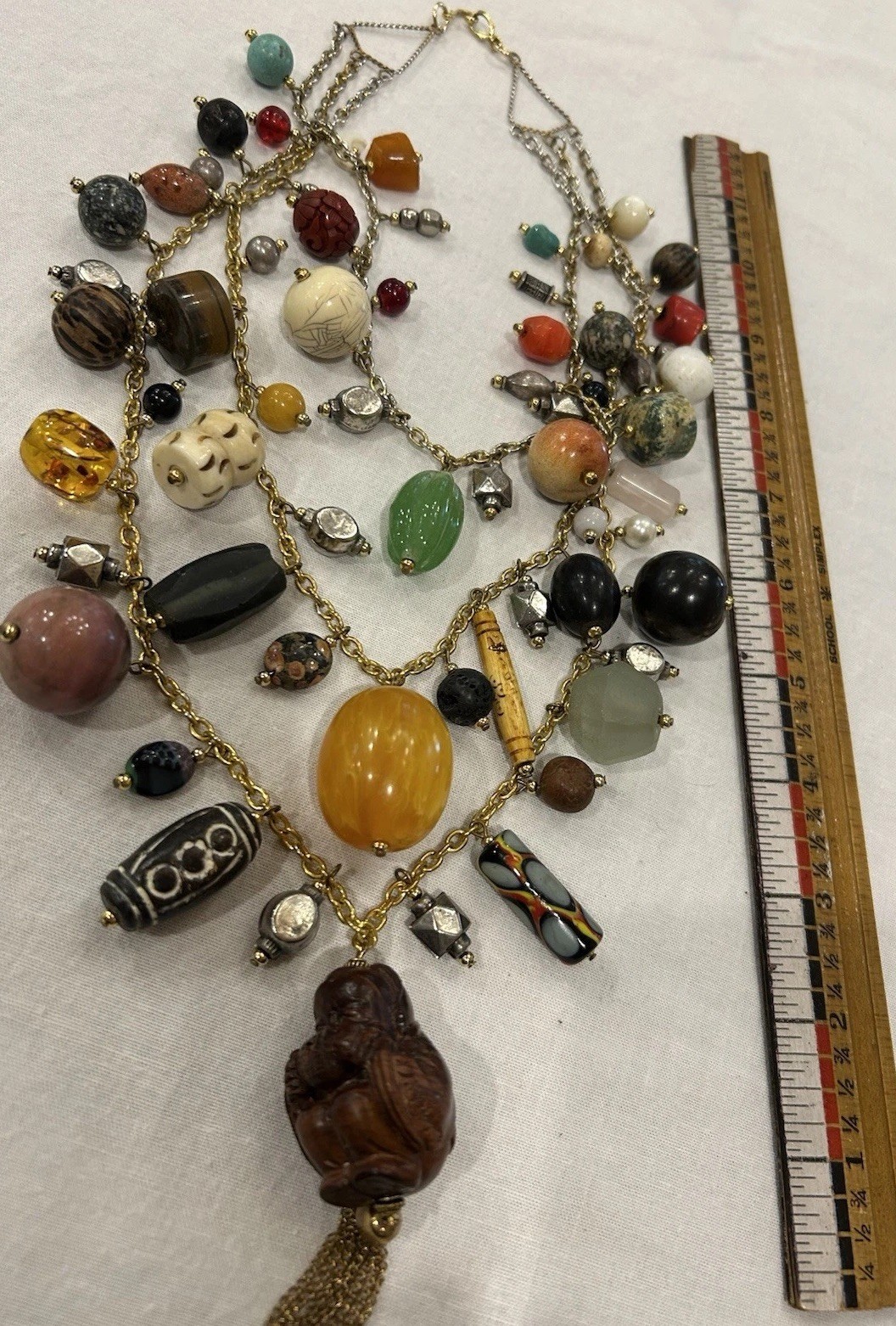 Vtg Asian-Themed Mixed Material 3-Strand Charm Necklace w/Carved Wood Buddha 28”