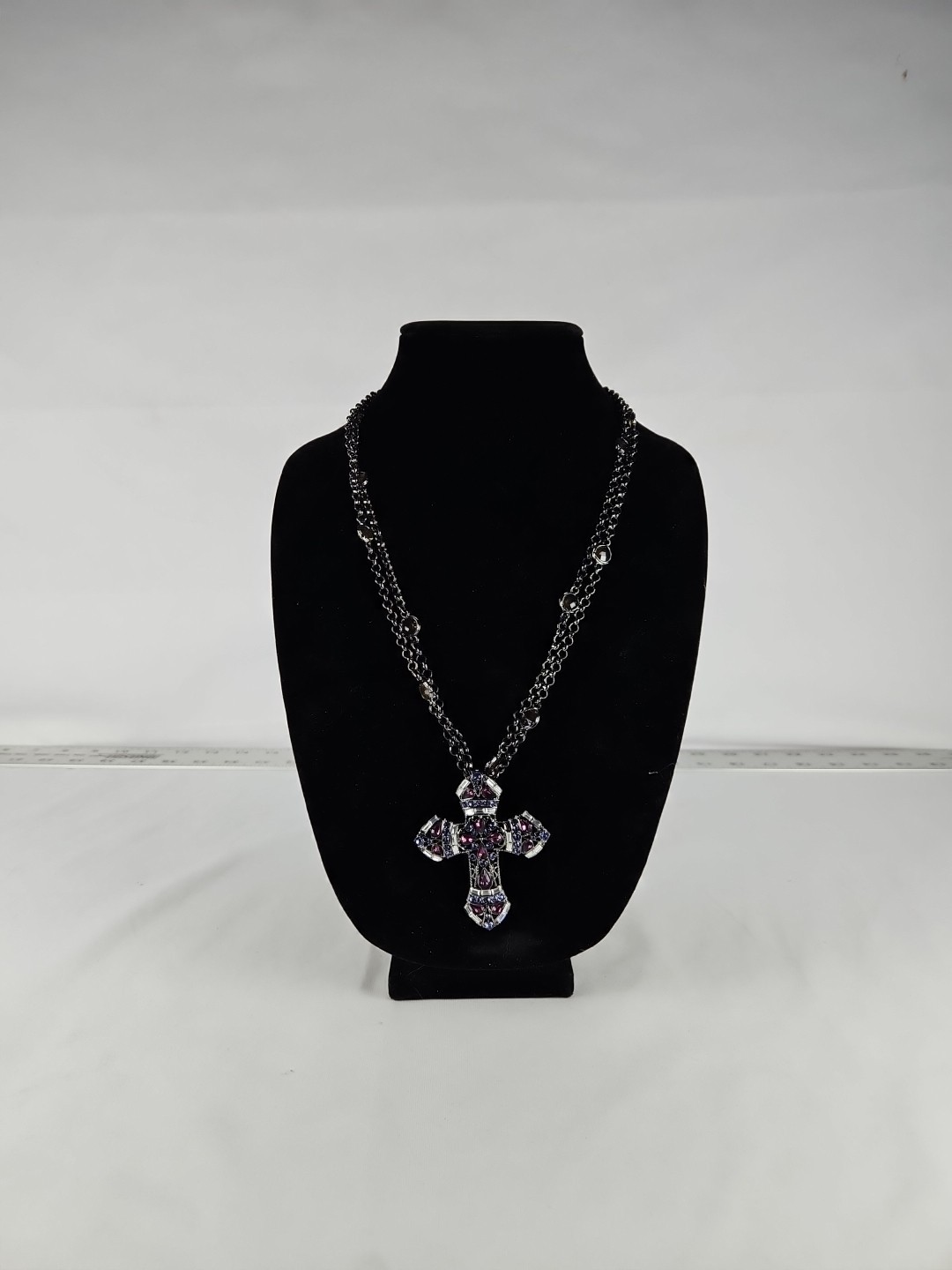Real Collectibles by Adrienne Purple Crystal Gemstone Cross + 50″ Necklace VTG