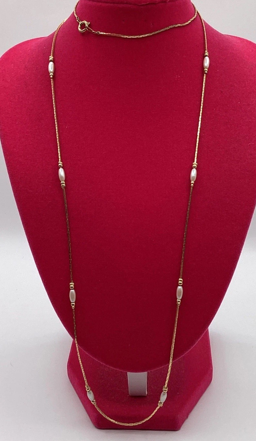 Vintage Gold Tone Bar And Link Station Necklace With White Faux Pearls 30in Long