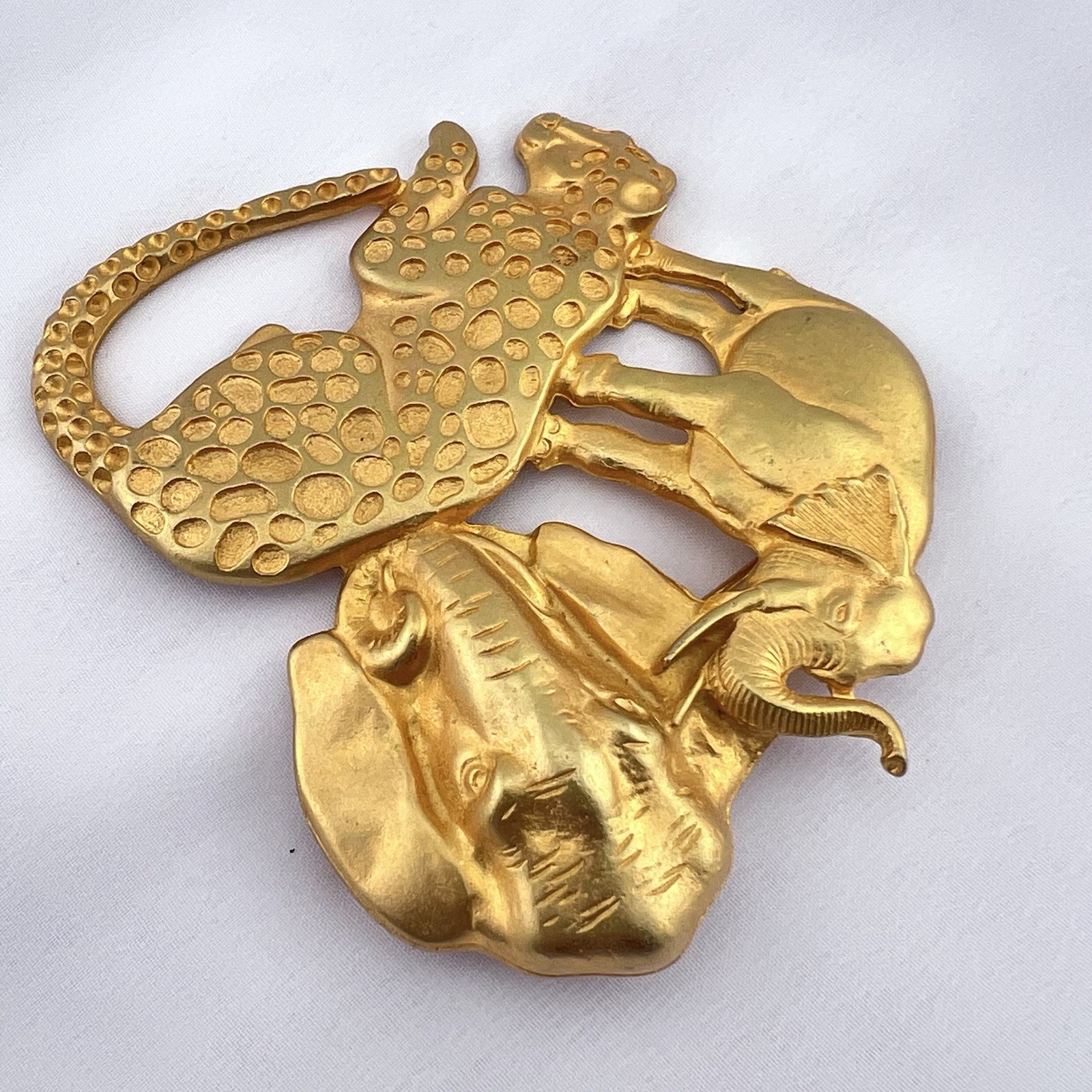 Vintage Safari Brooch Pin Animal Elephant Leopard Large Matte Gold Tone Estate