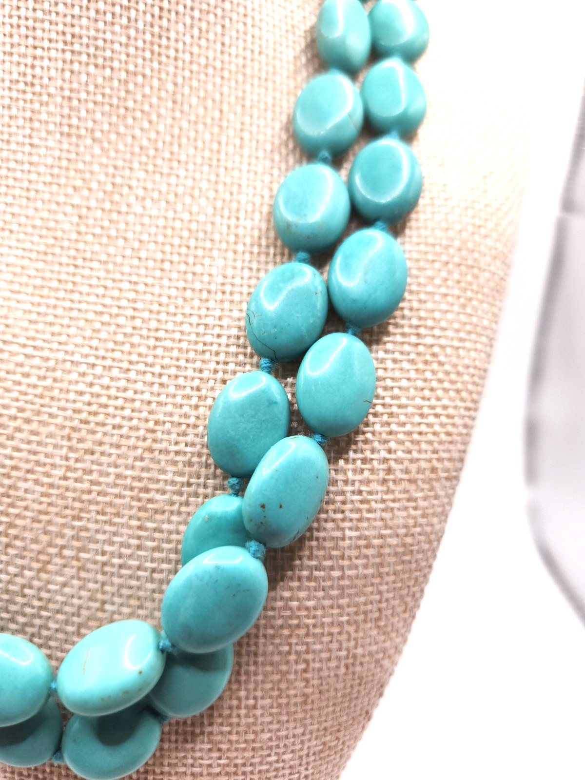 Double Strand Turquoise Necklace Sterling 925 Silver Clasp Oval Beads Light Blue