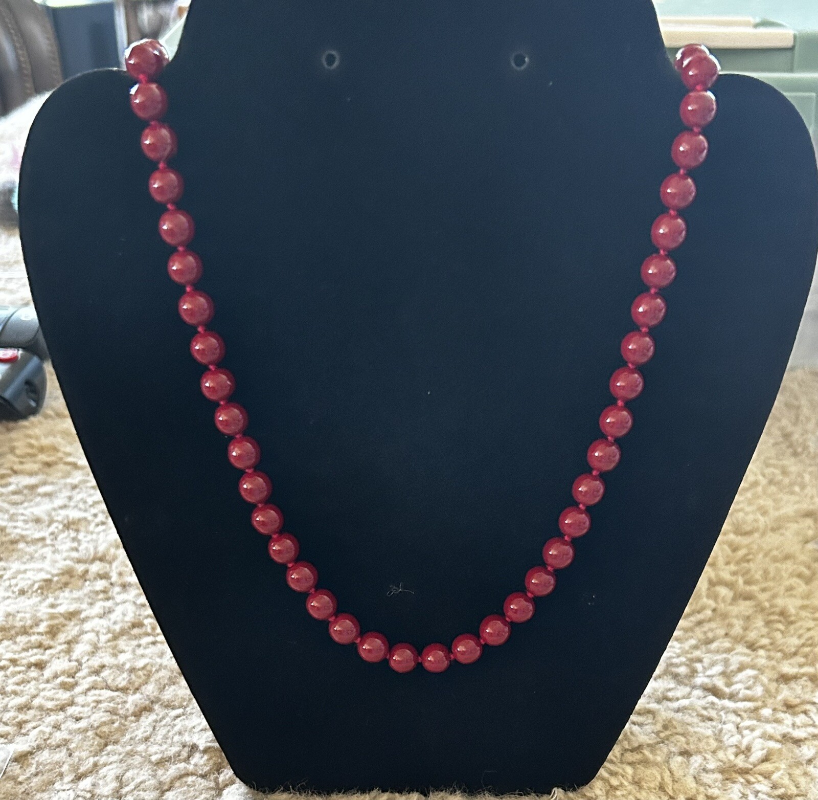 Red Glass Bead Necklace Faceted Knotted 31 in Vintage Box Tab Clasp