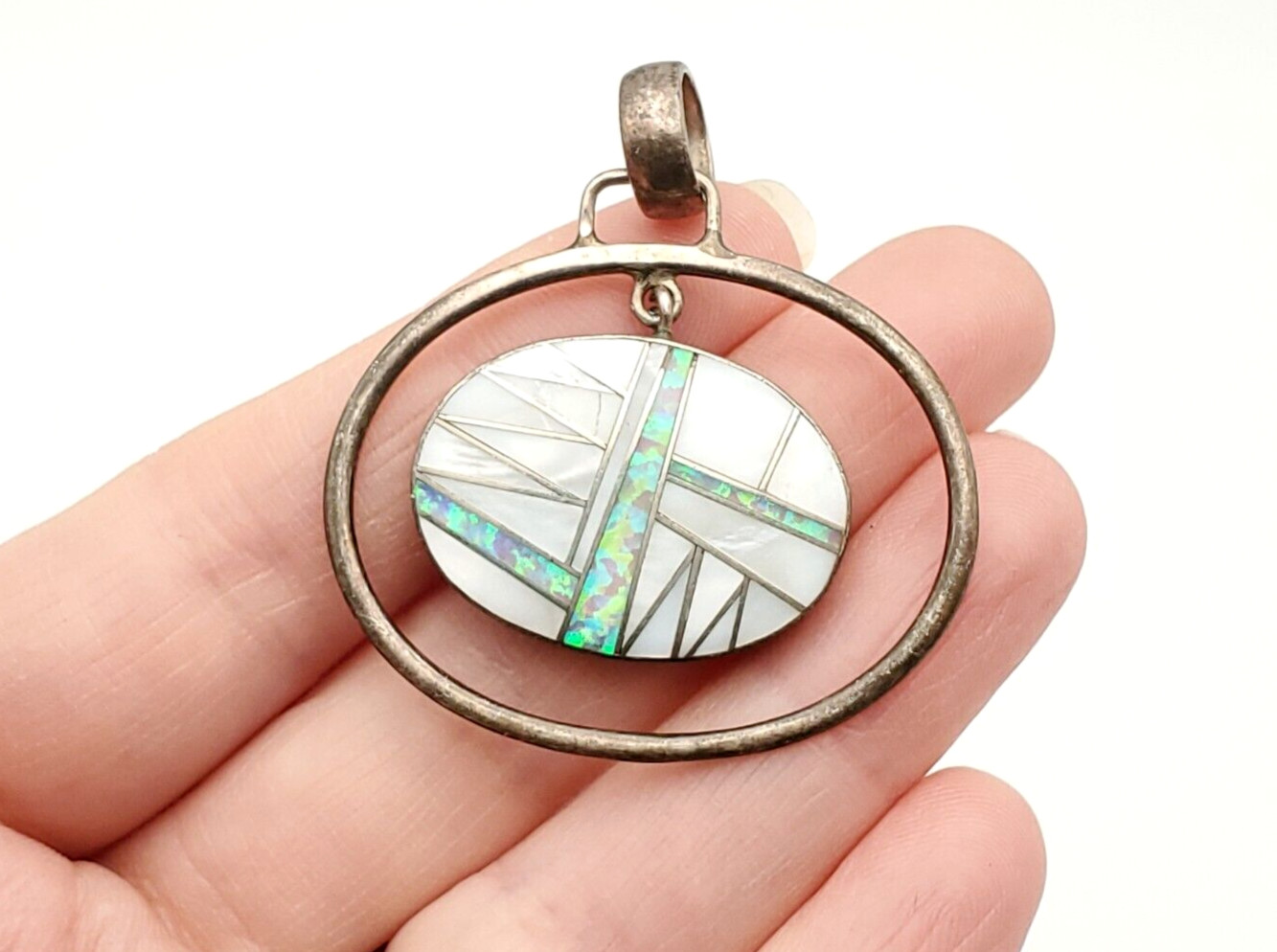 Vintage Navajo Mother of pearl Opal Inlay Native American Pendant for Necklace
