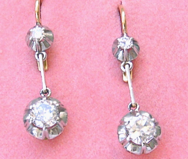 VINTAGE 1ctw DIAMOND DROP 2-STONE PLATINUM SHORT DANGLE COCKTAIL EARRINGS 1950