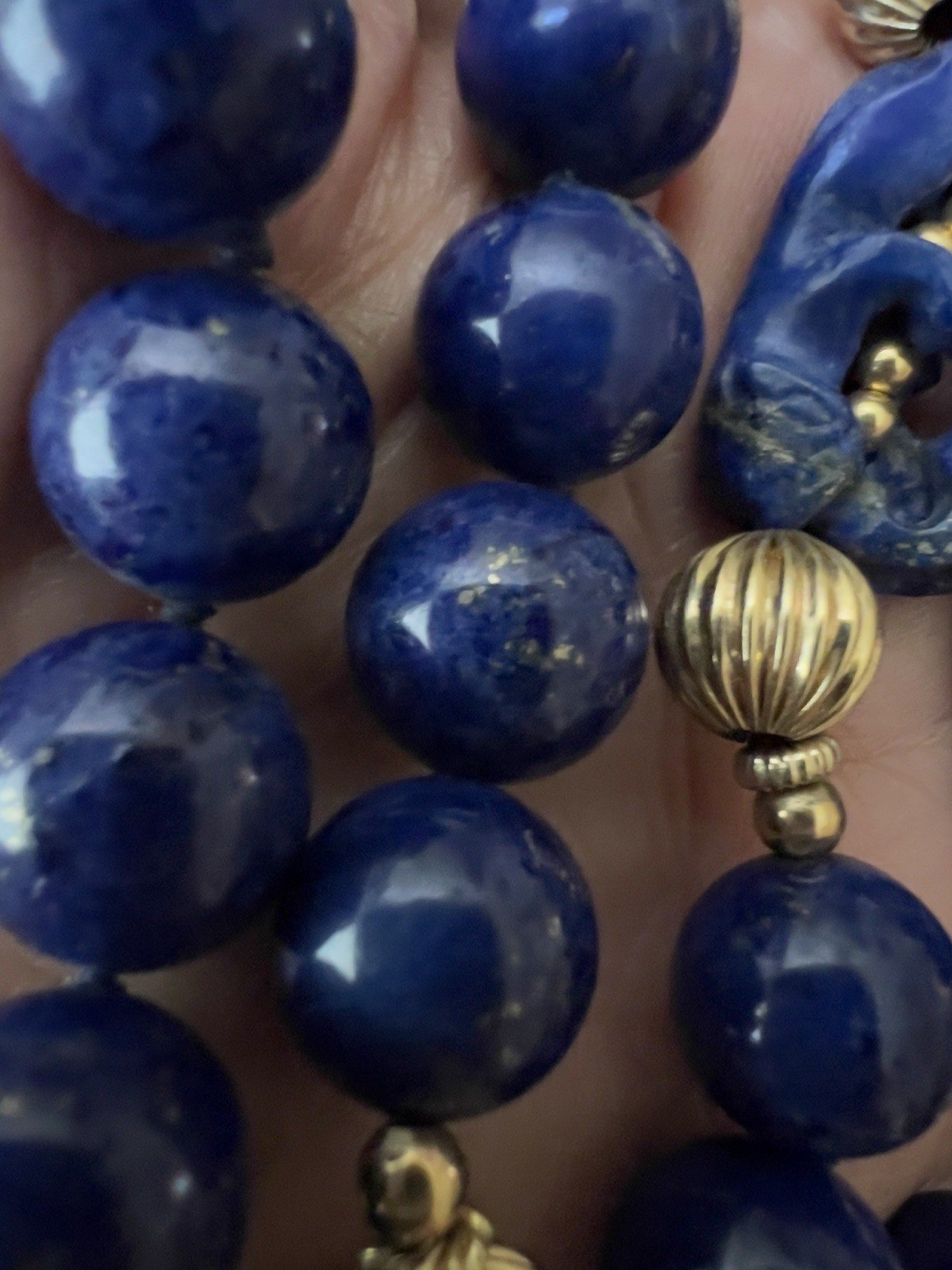 Vintage Lapis Lazuli and 14K Beads Hand Knotted 30” Necklace With Figural Beads