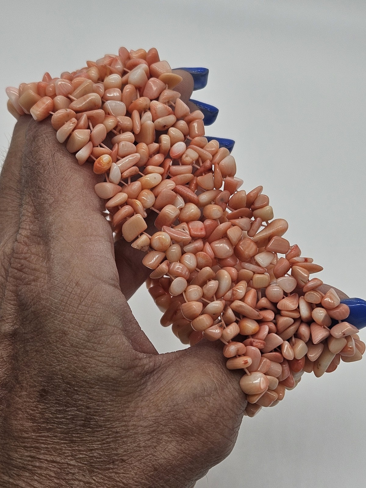 Vintage Pink Coral Wide Band Stretch Bracelet W/ Free-Shape Tumbled Stones