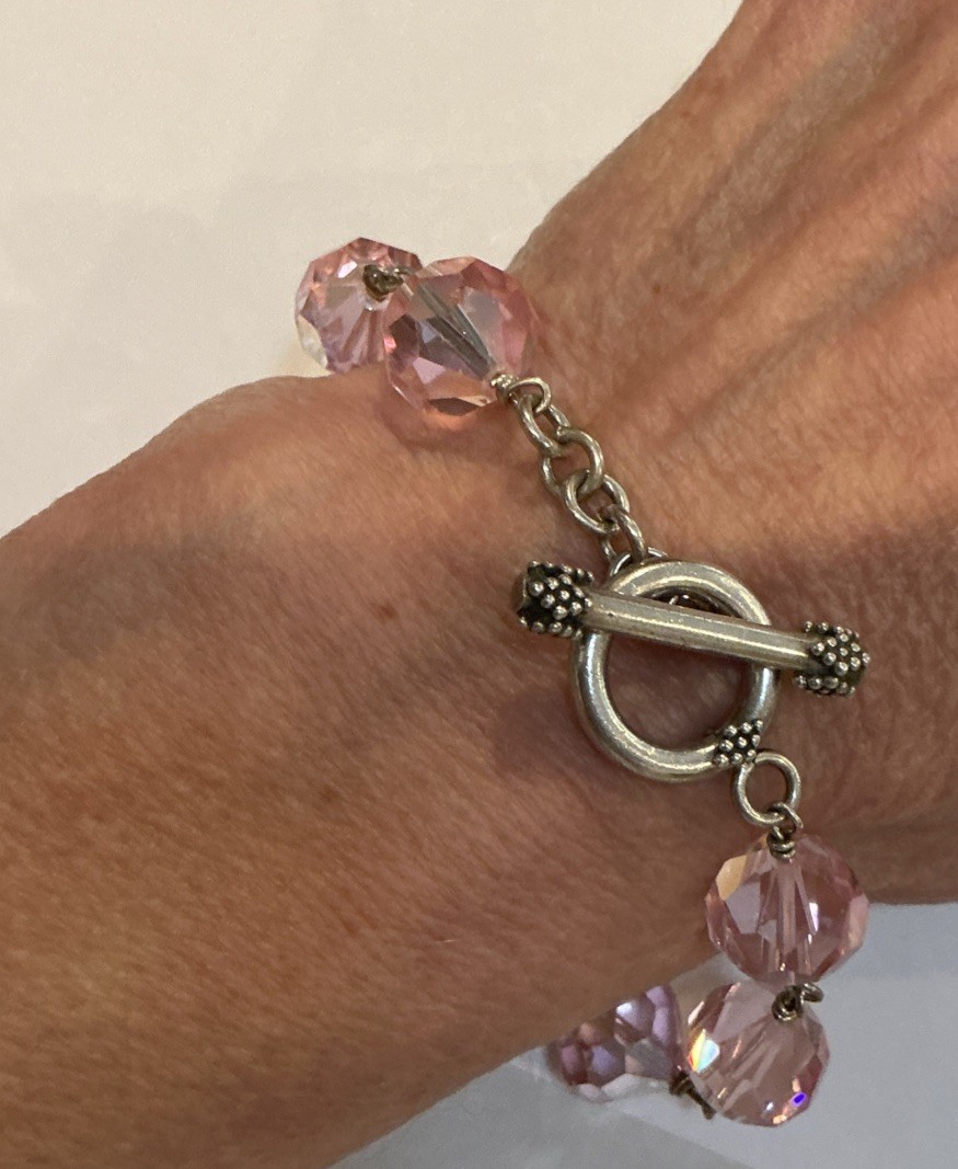 Vintage Pink Crystal Bicone Beaded 8” Bracelet Silver Toggle Clasp Non-Magnetic