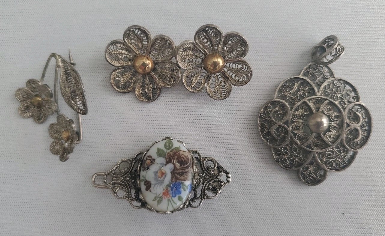 Vintage Filigree Round Metal Pendant and Matching Metal and Silver Pins/Brooches