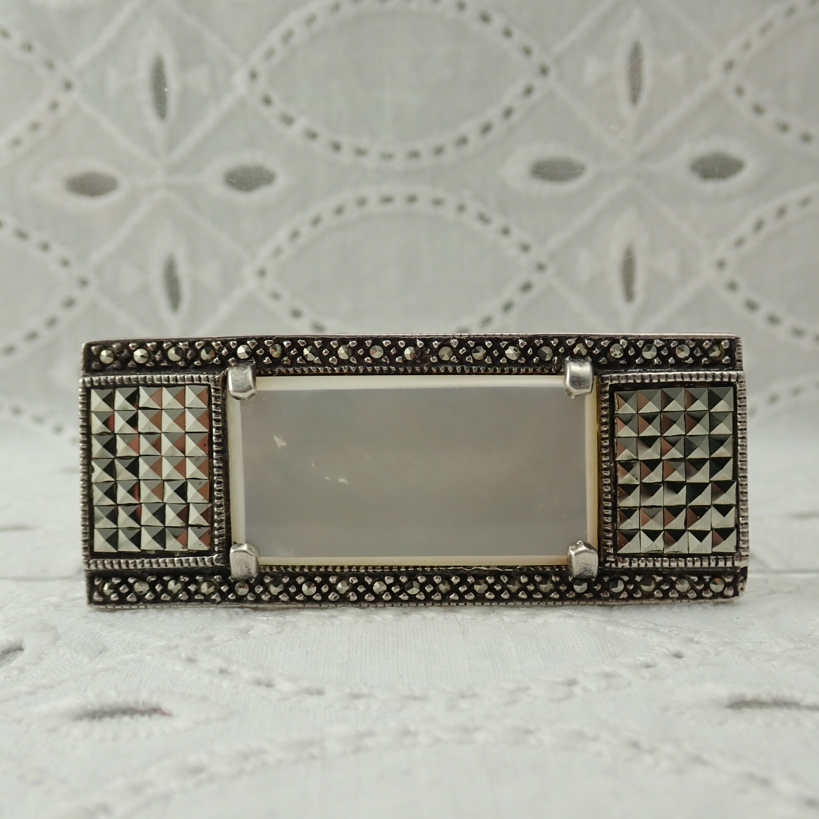 VTG 1970’s Art Deco Influence MOP Marcasite Bar Sterling Pin Brooch