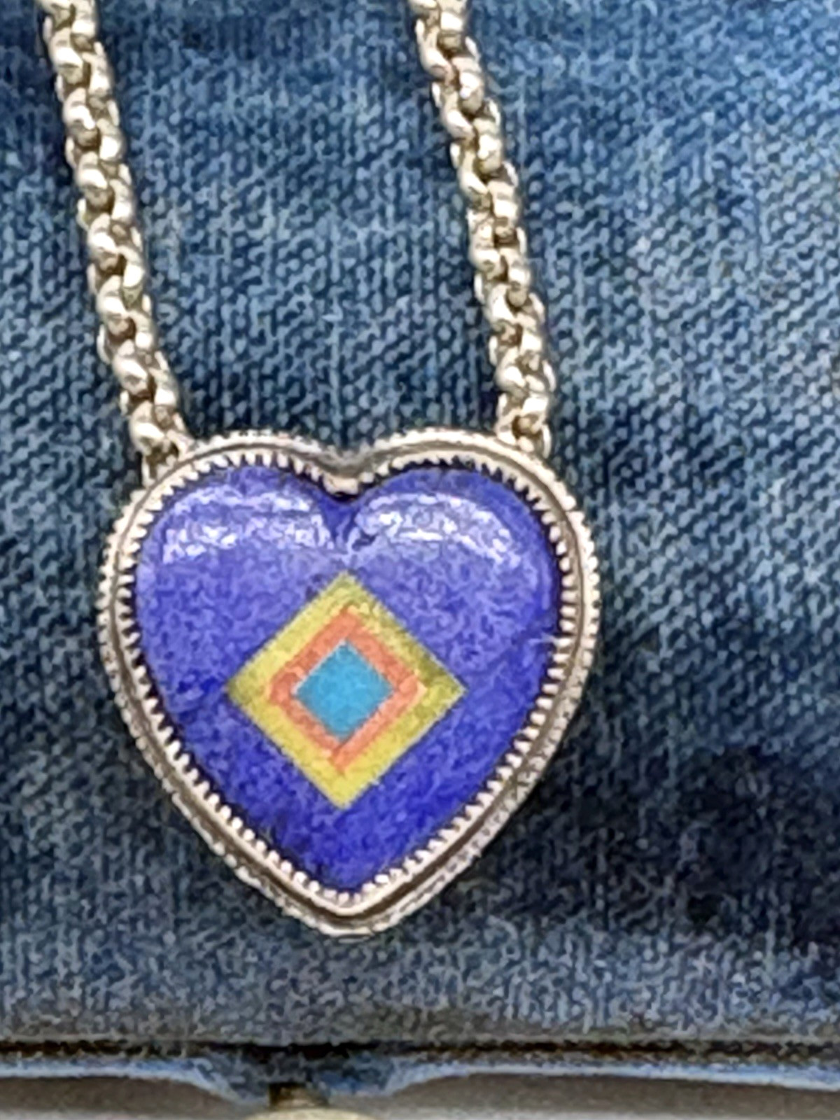 Aldrich Art Jewelry Necklace Blue Purple Heart Inlay Sterling Silver Vintage 18″