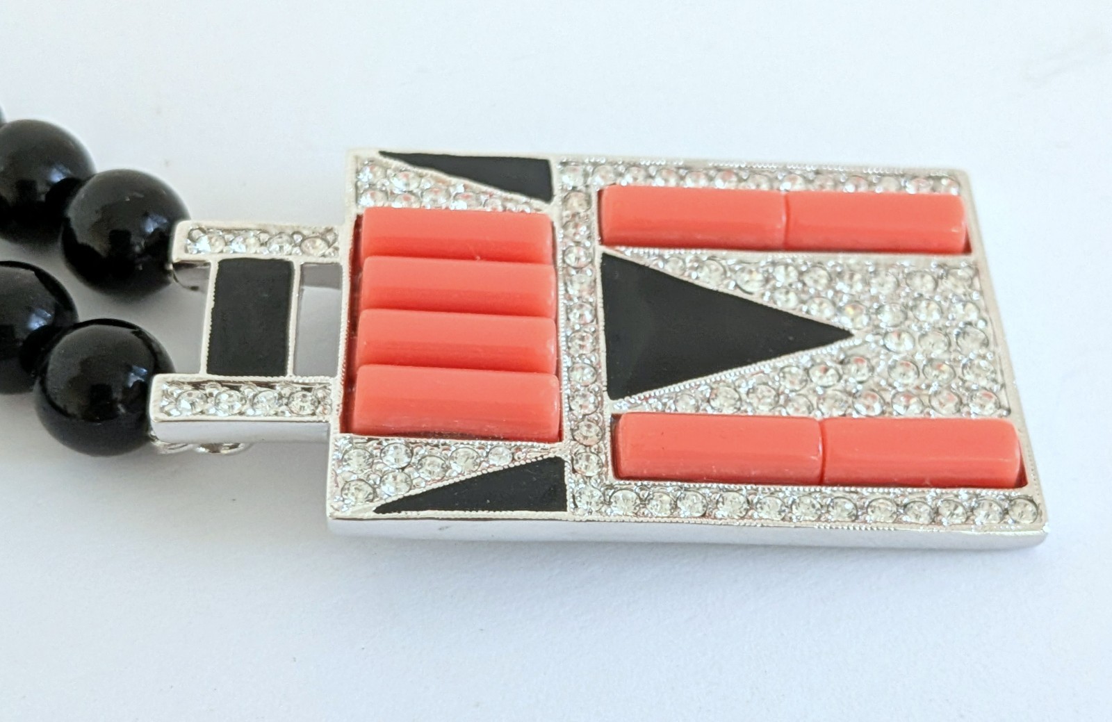 Gorgeous Rare KJL Kenneth Lane Black Beaded Art Deco Coral Pendant Necklace