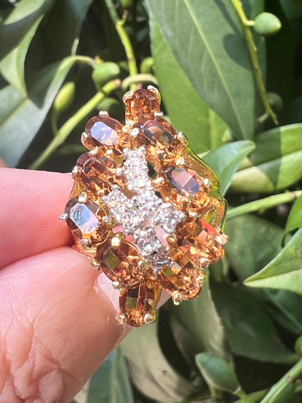 VINTAGE LARGE FAUX CITRINE GLASS CZ CUBIC ZIRCONIA COCKTAIL DRESS RING STATEMENT
