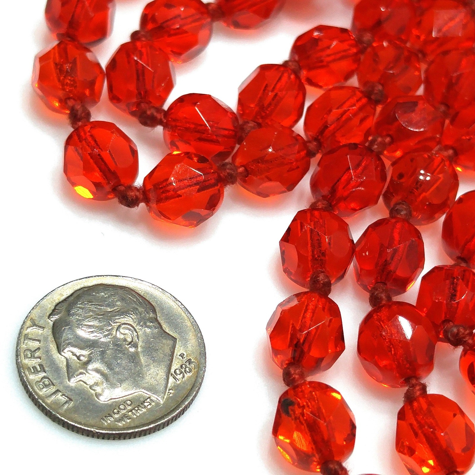 Vintage Red Crystal Hand Knotted Long Necklace, 62 Inches, No Clasp, Vintage