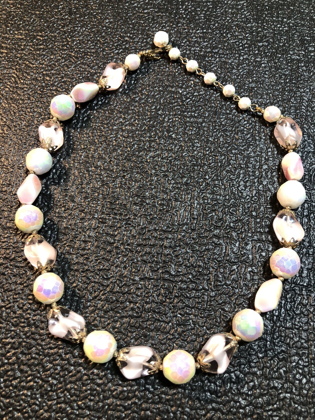 VTG Costume Jewelry Signed TRIFARI Charm,MOP Pinks,Purples,Greens Necklace 17.5”