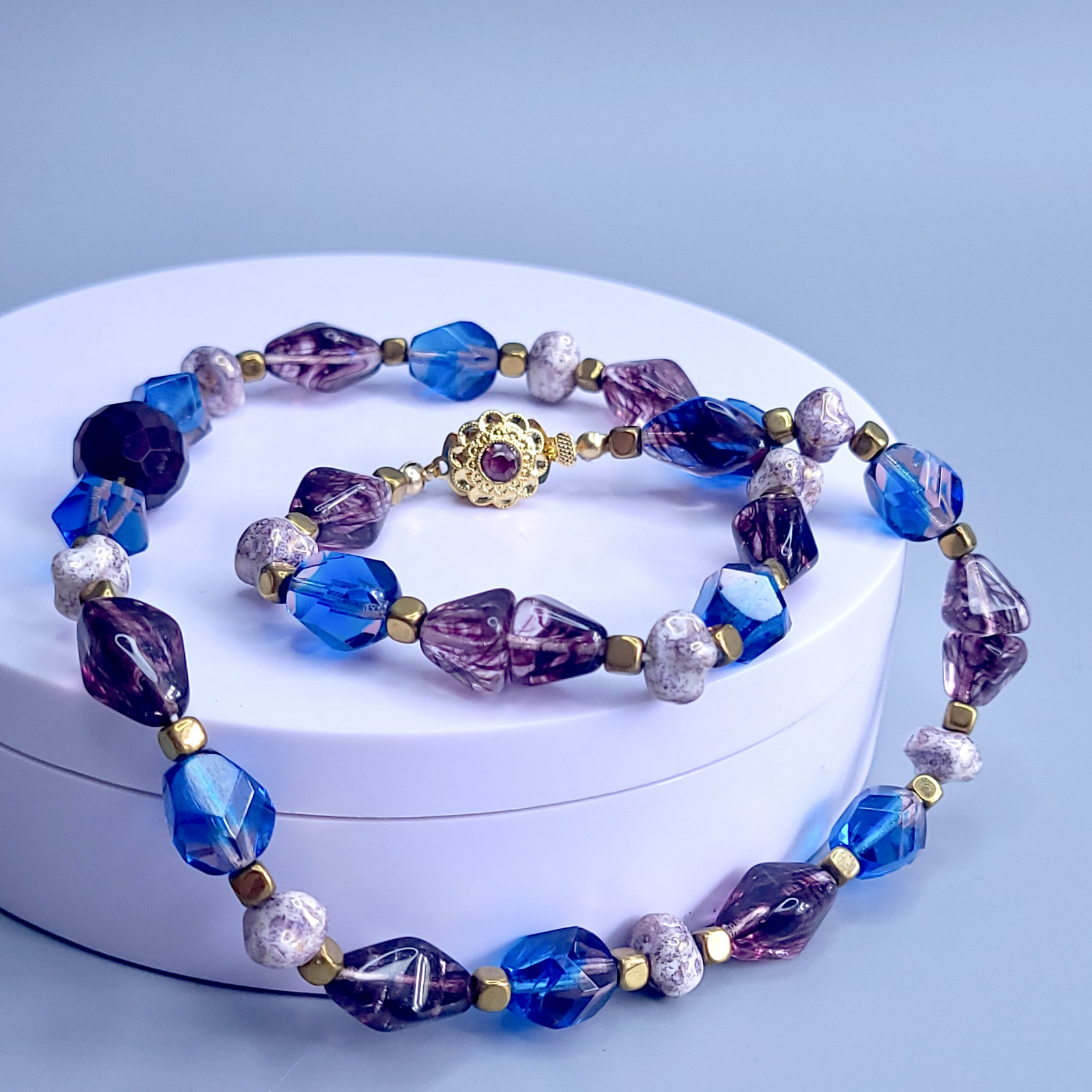 Necklace 20” Blue and Purple Glass Czech Vintage Beads Women`s Jewelry