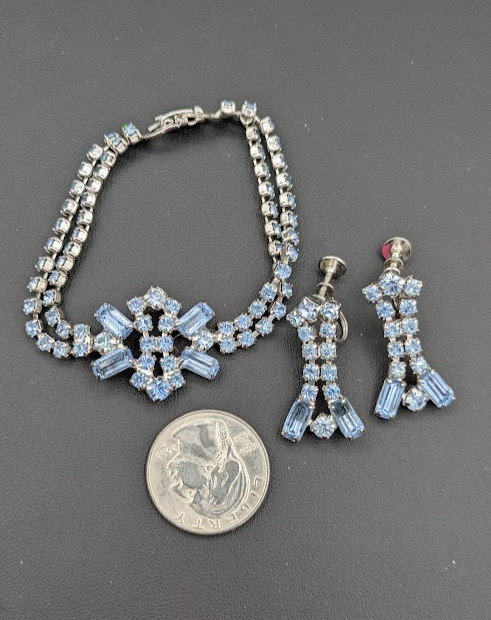Vintage Rhinestone Bracelet Earrings Set Blue Crystal Silver Tone