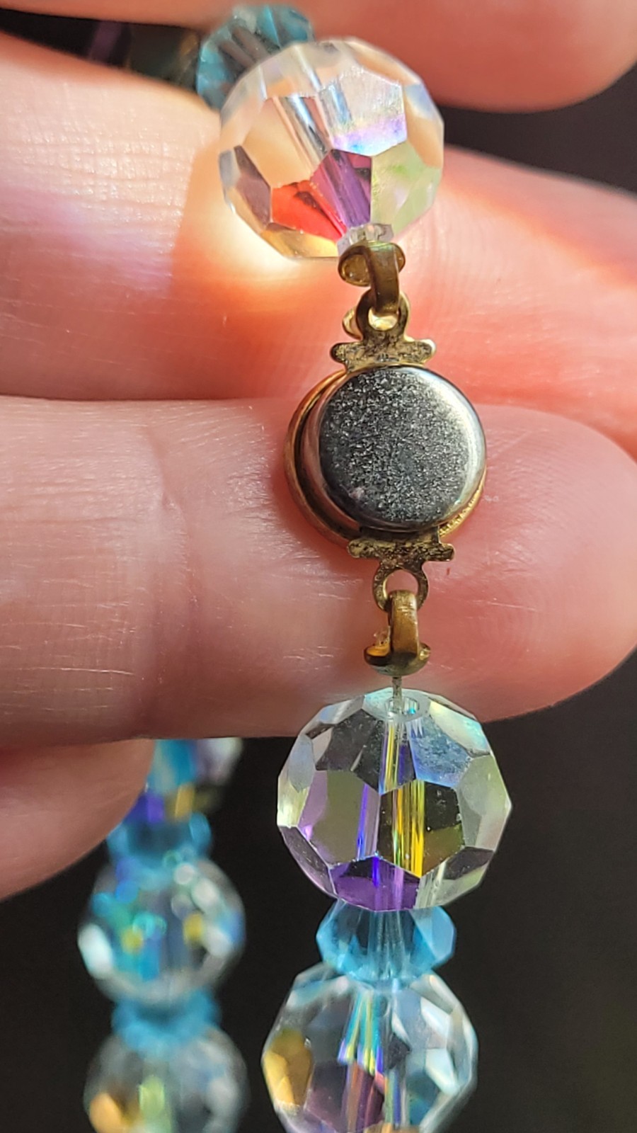 Vintage Czech 25” Necklace Crystal AB Aurora Borealis Faceted Blue Ball Glass