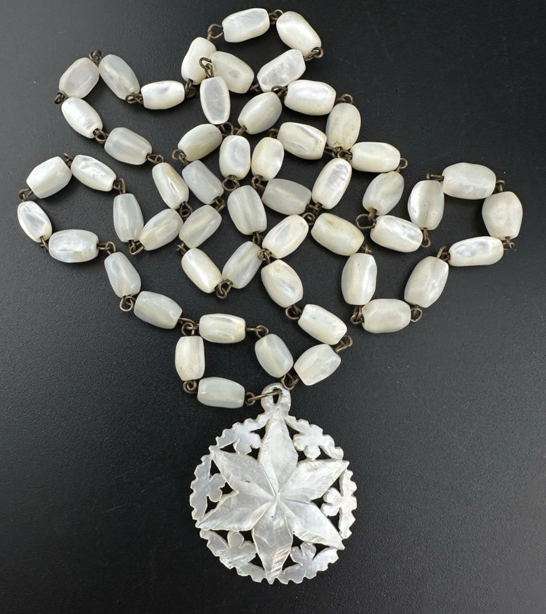 Antique Hand Carved Mother Of Pearl Star Beaded Pendant Necklace – Rosary