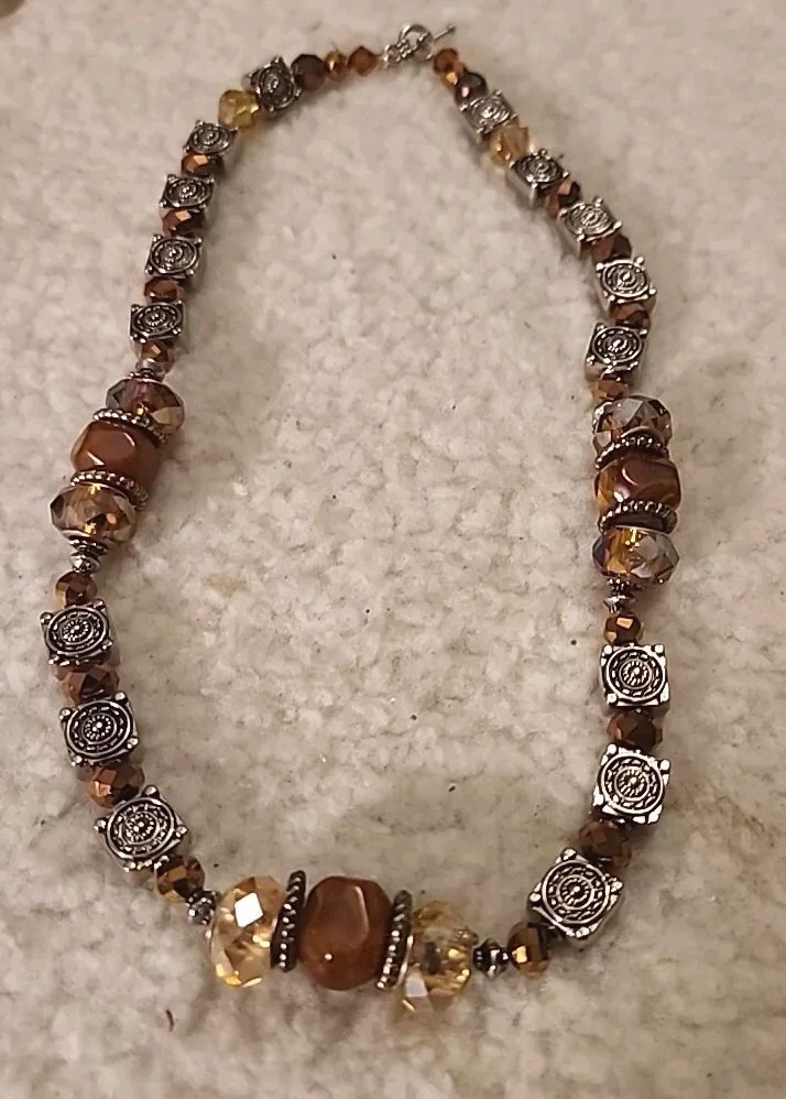 Vintage Metal & Agate Stone BOHO With Amber AB beaded Necklace 18”