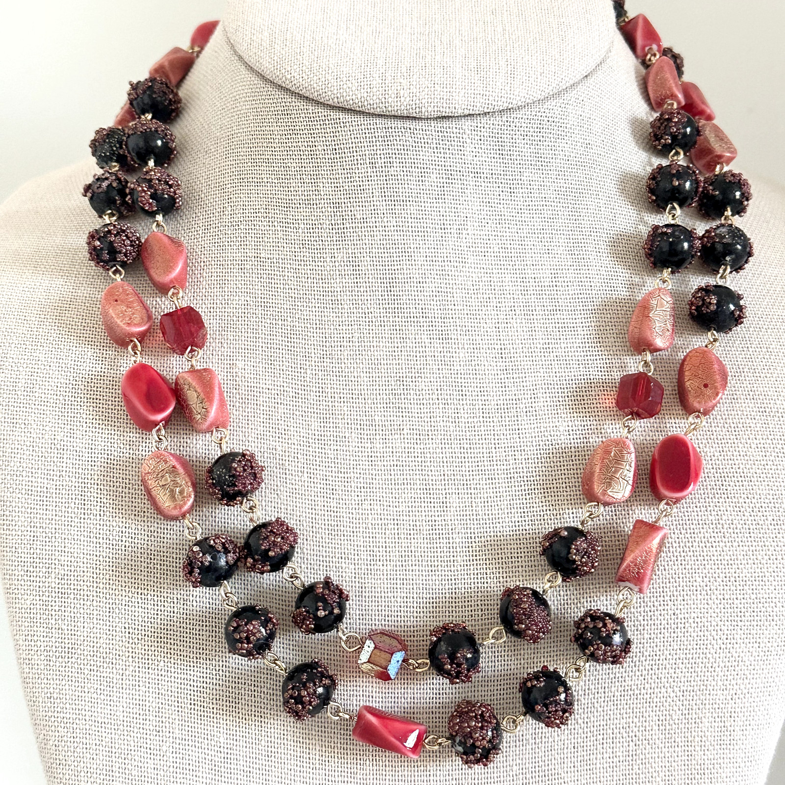 Vintage Red Crystal & Acrylic Beaded Double Row 2 Strand Adjustable Necklace