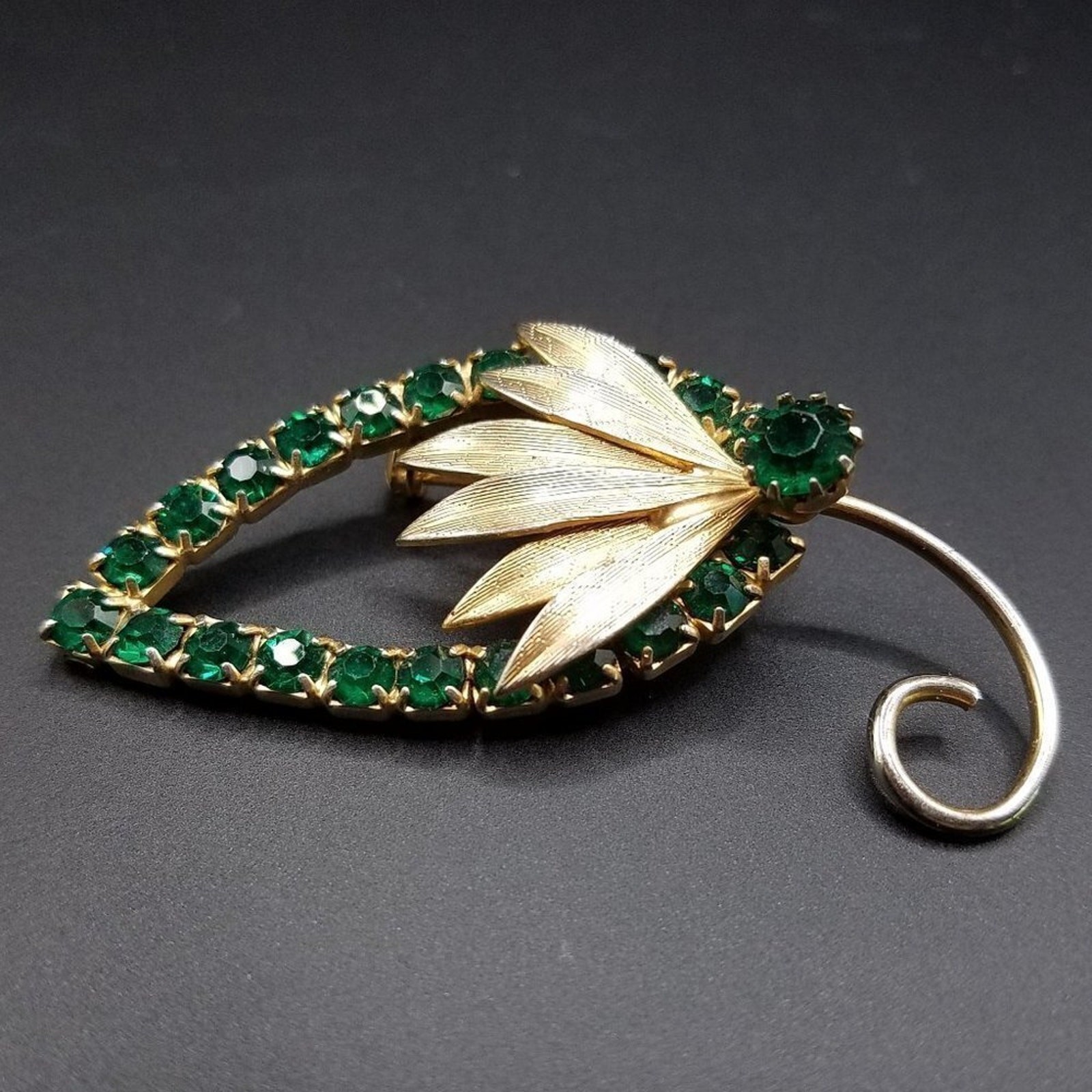 Vintage Green Rhinestone Floral Brooch, Mid-Century, 2 3/8 Inches