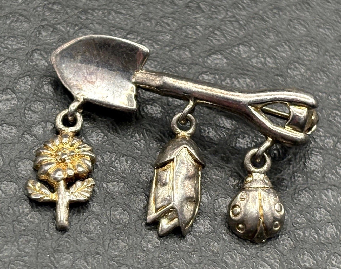 VTG Sterling Silver Garden Tool LADYBUG SHOVEL Sunflower Dangle Charm Brooch