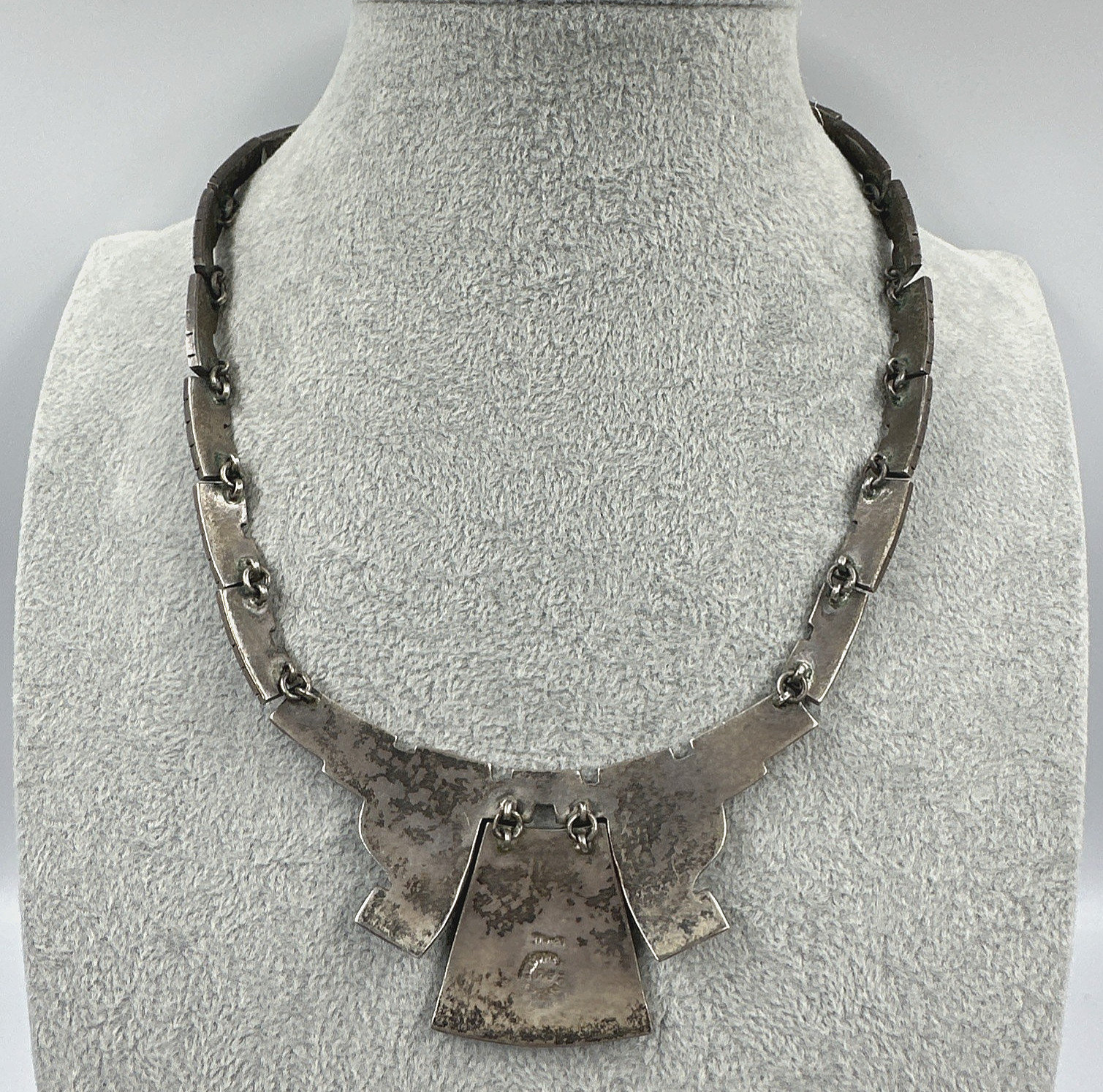 Vtg Taxco Sterling Turquoise Chip Inlay Panel Necklace 16.5″ 91.5g Signed PVB
