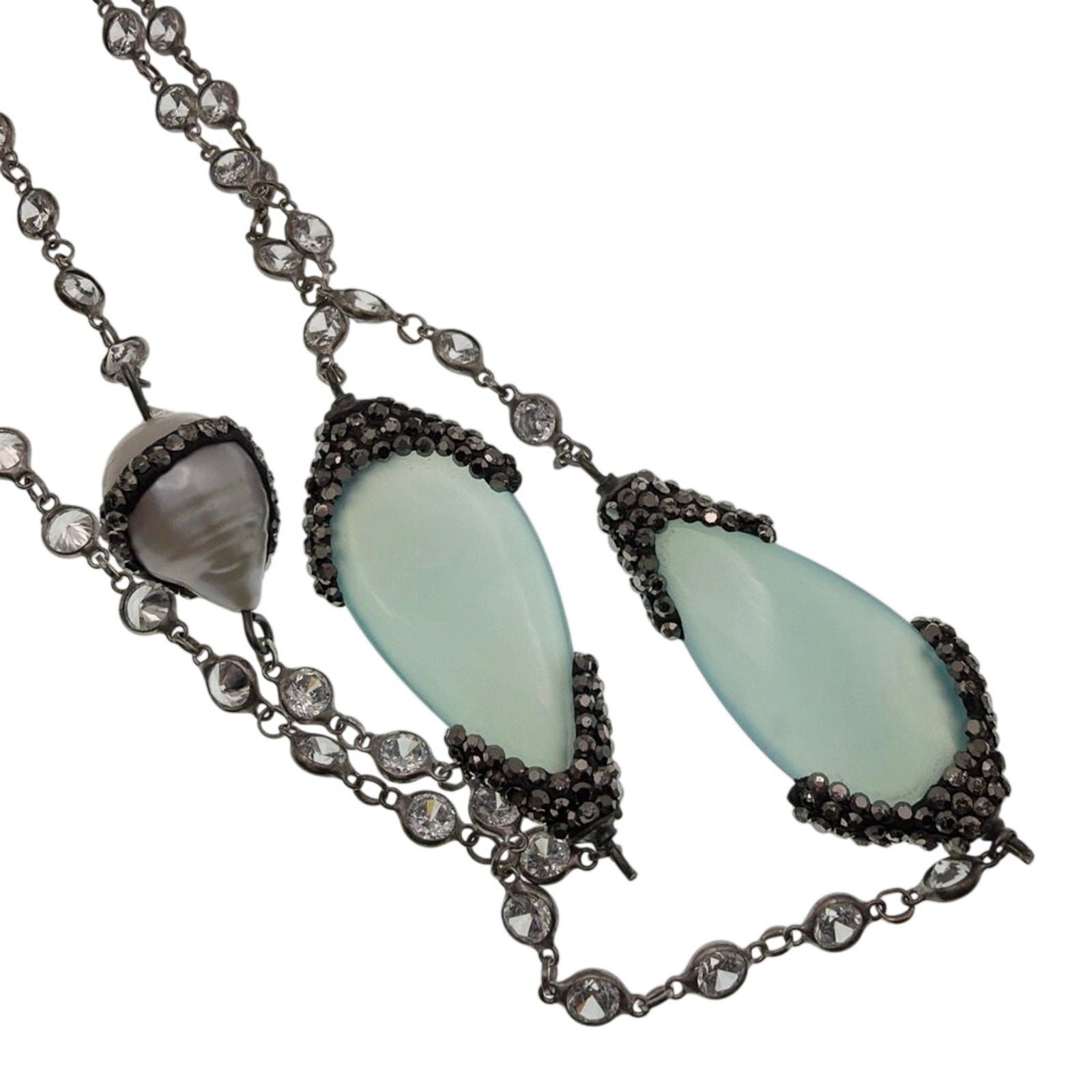 Sterling Silver Necklace Chalcedony Charms and Fresh Water Pearls 40”
