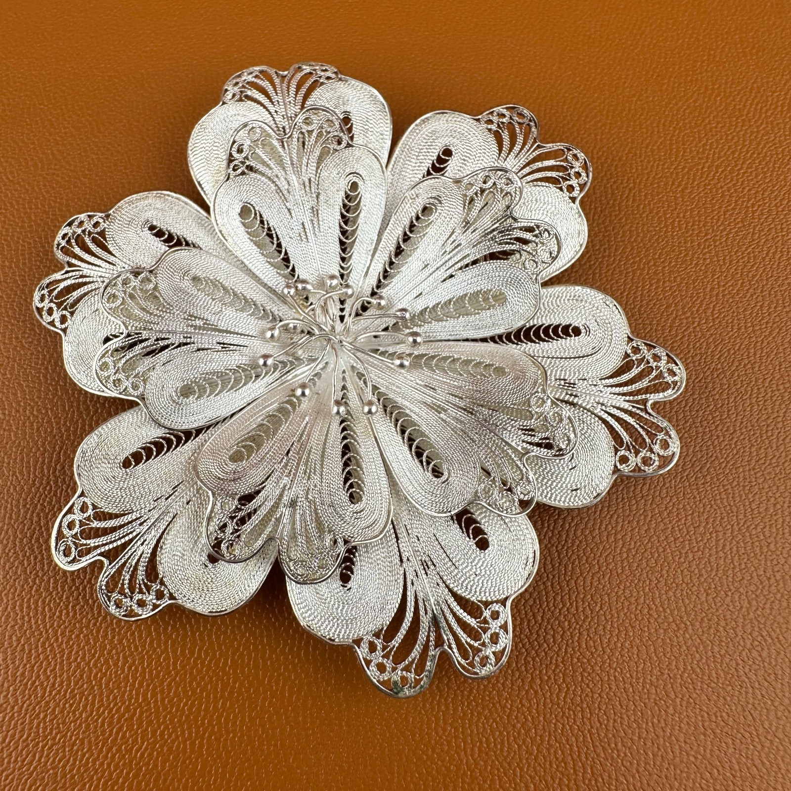 Vintage Sterling Silver Flower Brooch Pin Cannetille Filigree Floral 925 Signed