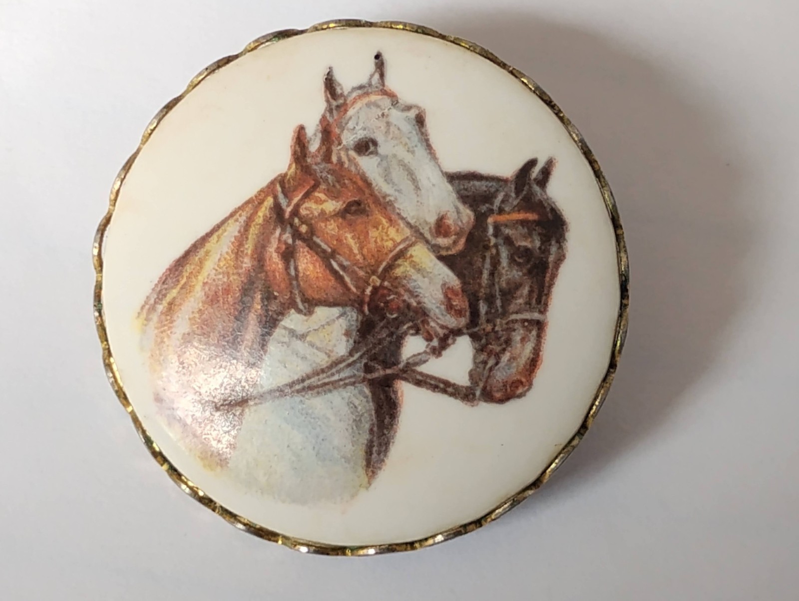 Vintage Horse Brooch Porcelain Cameo Style Equestrian Pin Gold Tone 3 Horses