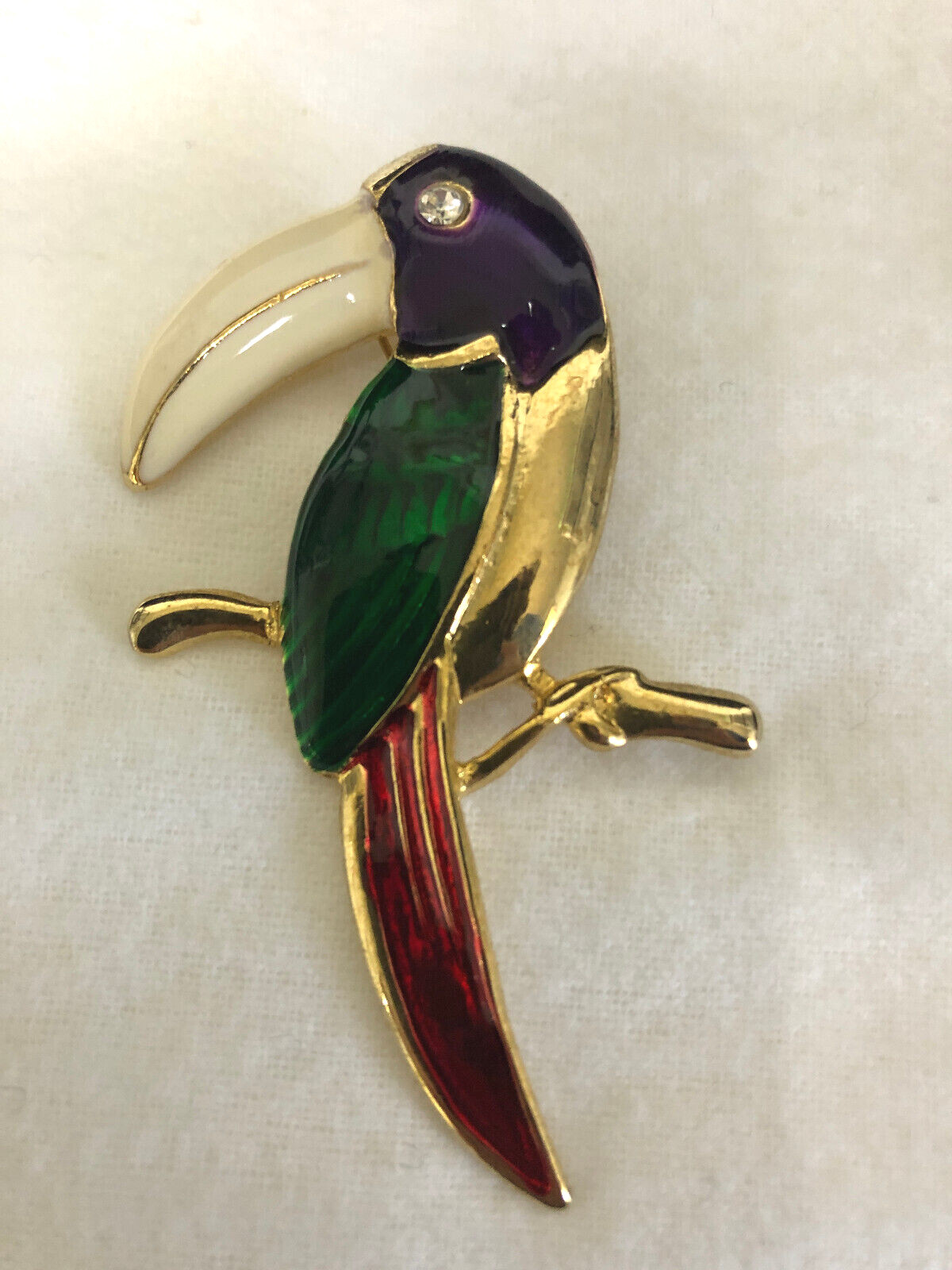 Toucan Bird Brooch Pin Purple Green Red White Enamel Rhinestone Eye Gold Tone
