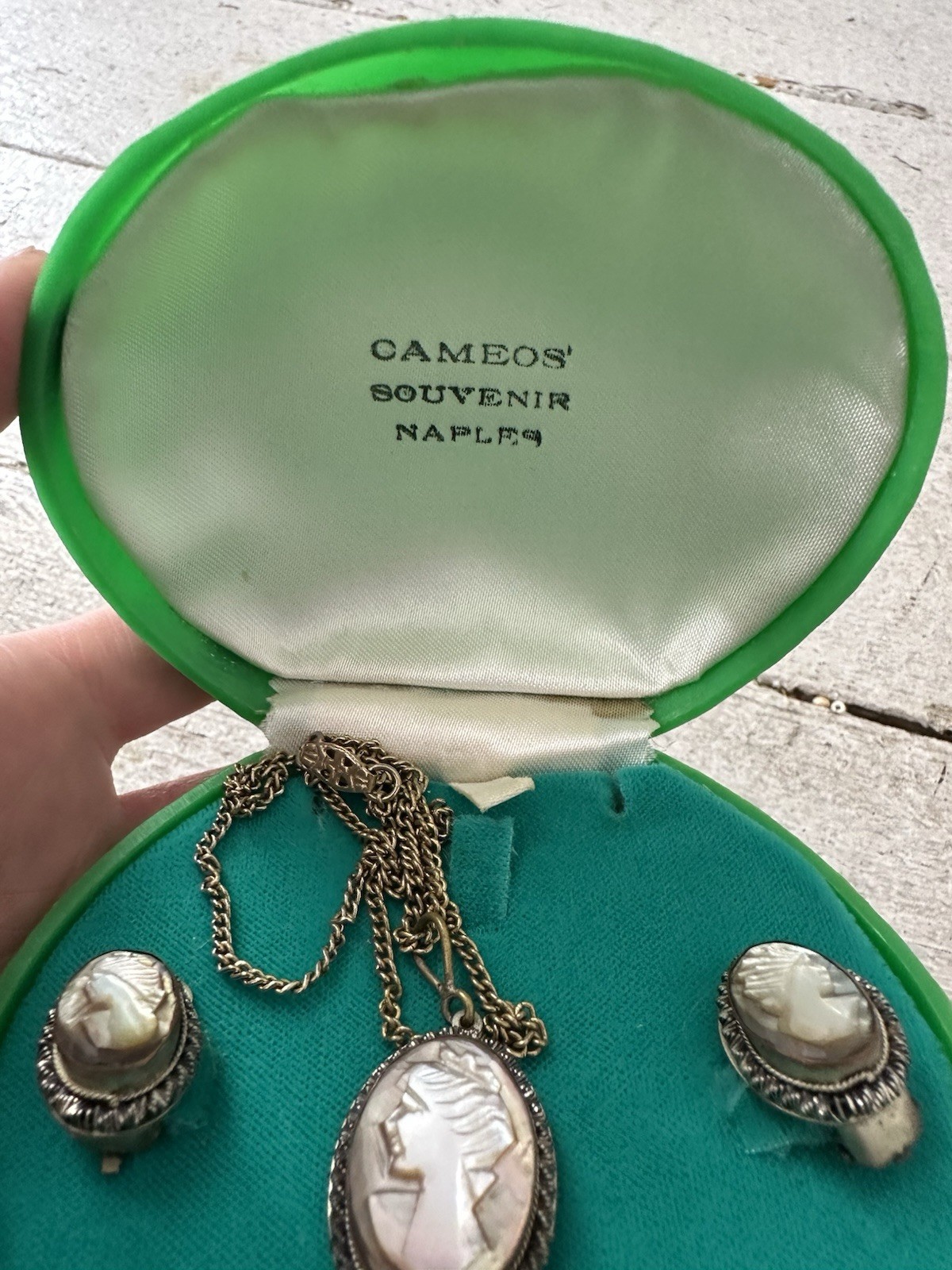 Art Deco 800 European Silver Hand Carved Left Right Cameo And Necklace Box Set