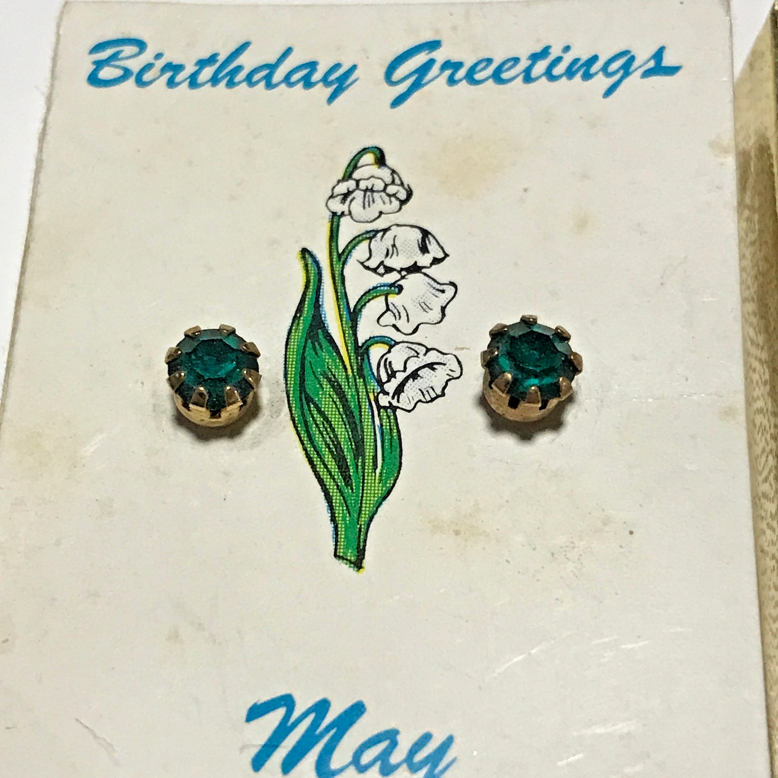 Vintage Gold Tone Earrings May Simulated Emerald Birthstone w/Gift Box! NOS NOI