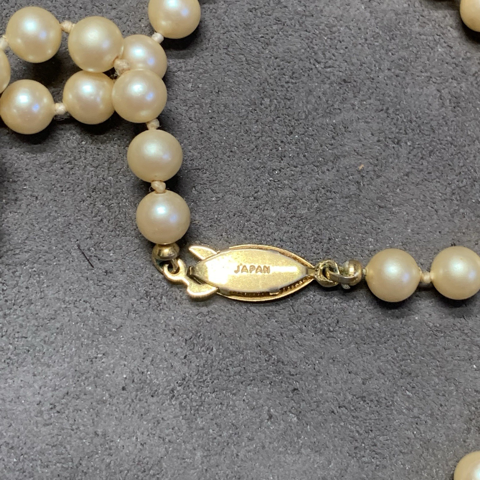 Vintage Hand Strung Faux Pearl Necklace 24”, Gold Tone Fish Hook Clasp Japan
