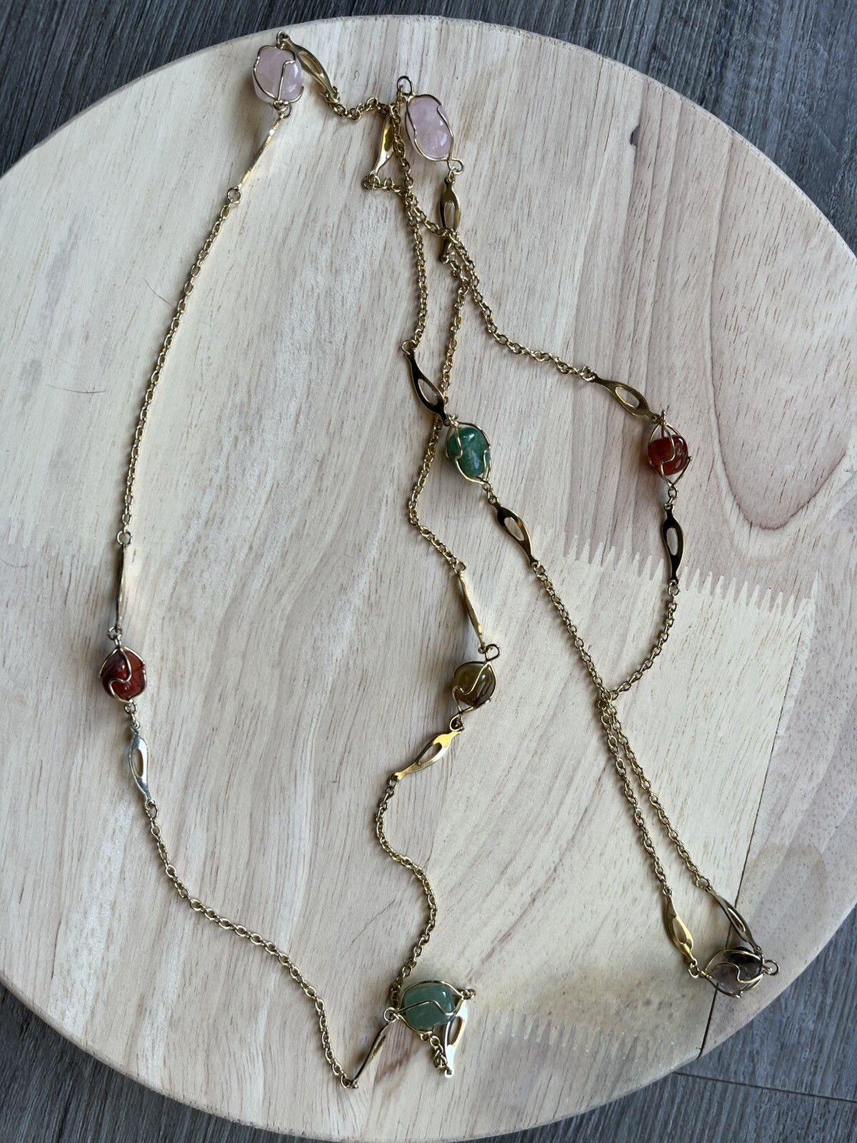 Vintage Gold Tone Wire Wrapped Multicolor Quartz Bead Necklace 22”Long
