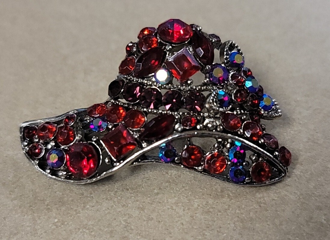 Vtg Red Hat Society Iridescent And Red Rhinestone Open Work Pin Brooch