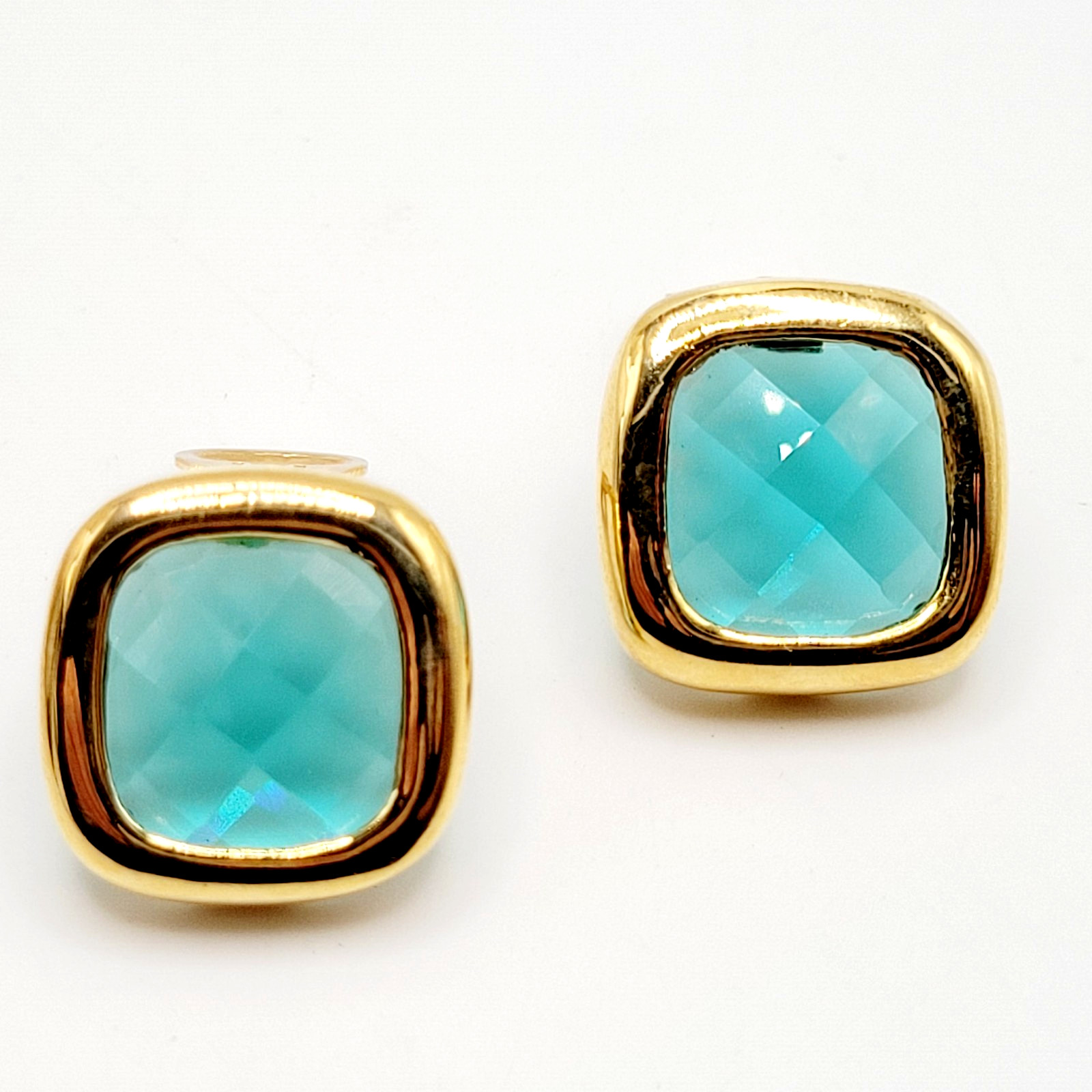 Aqua Light Blue Green Faceted Glass Soft Square Gold Tone Bezel Clip On Earrings