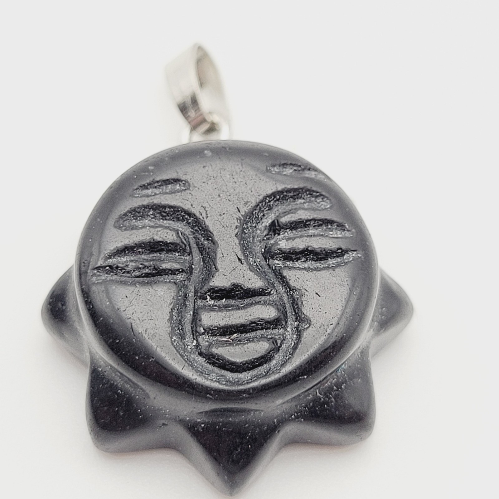 Obsidian Sun Face Black Carved Stone Silver Tone Bail Pendant Charm No Chain