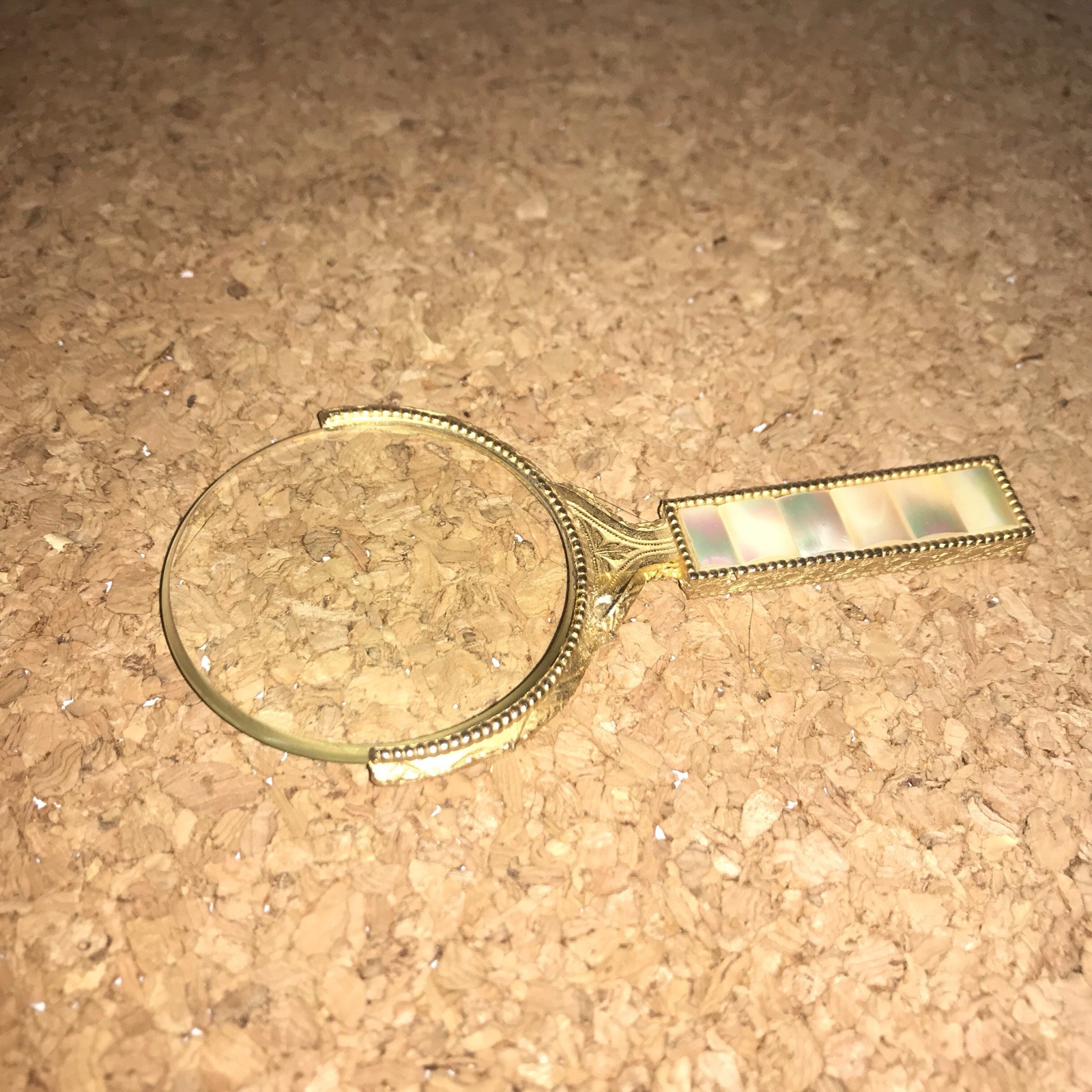 Beautiful Art Deco Ornate Gold Mother of Pearl Magnifying Glass Circa 1920’s 4”