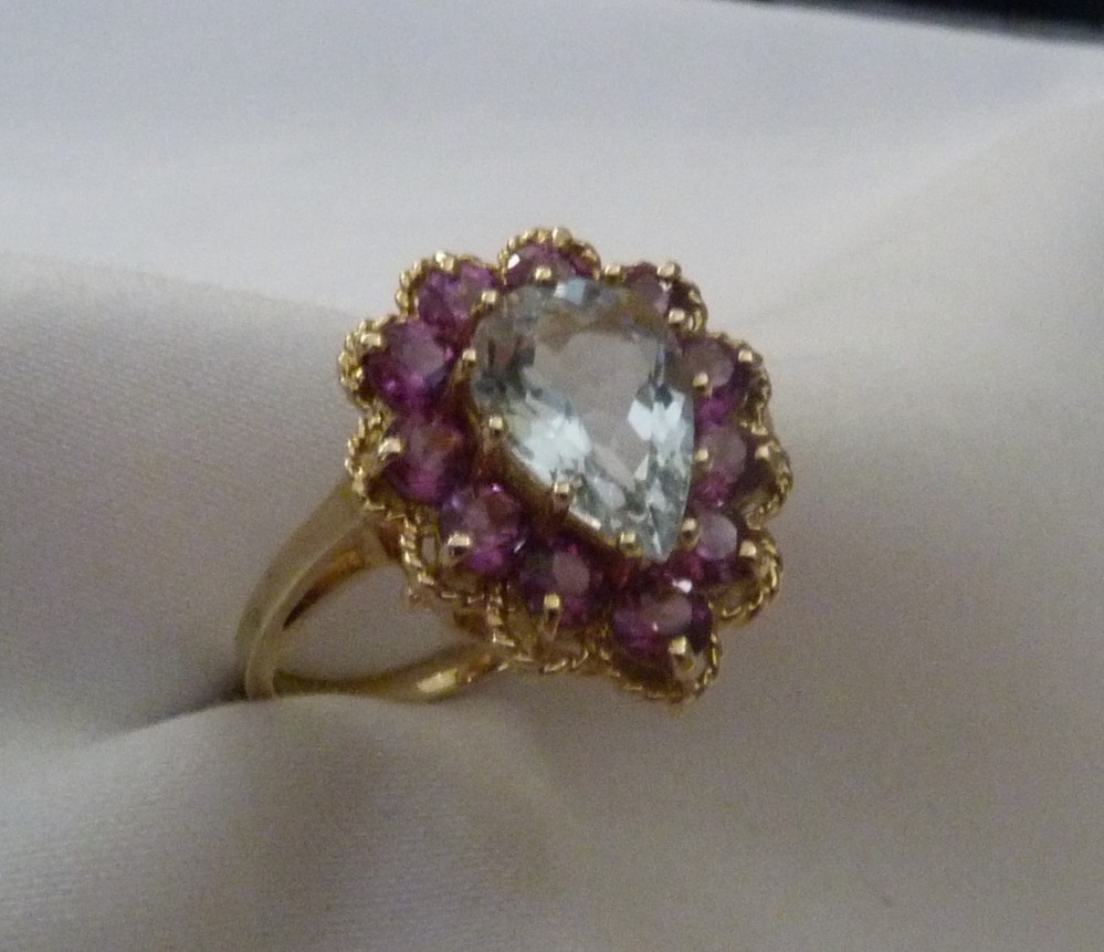 DESIGNER MEI 10K YELLOW GOLD 4.3CTTW PEAR AQUAMARINE RHODOLITE GARNET RING 7.5