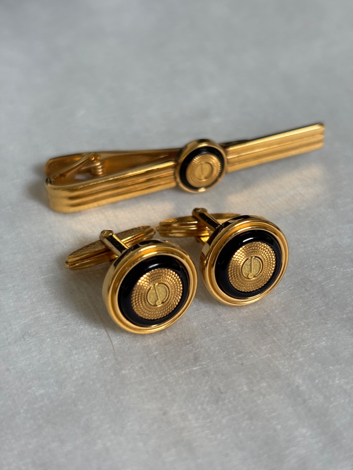 Dunhill Vintage Cufflinks Tie Clip Set Gold Tone Black Onyx Style w/ OG Box