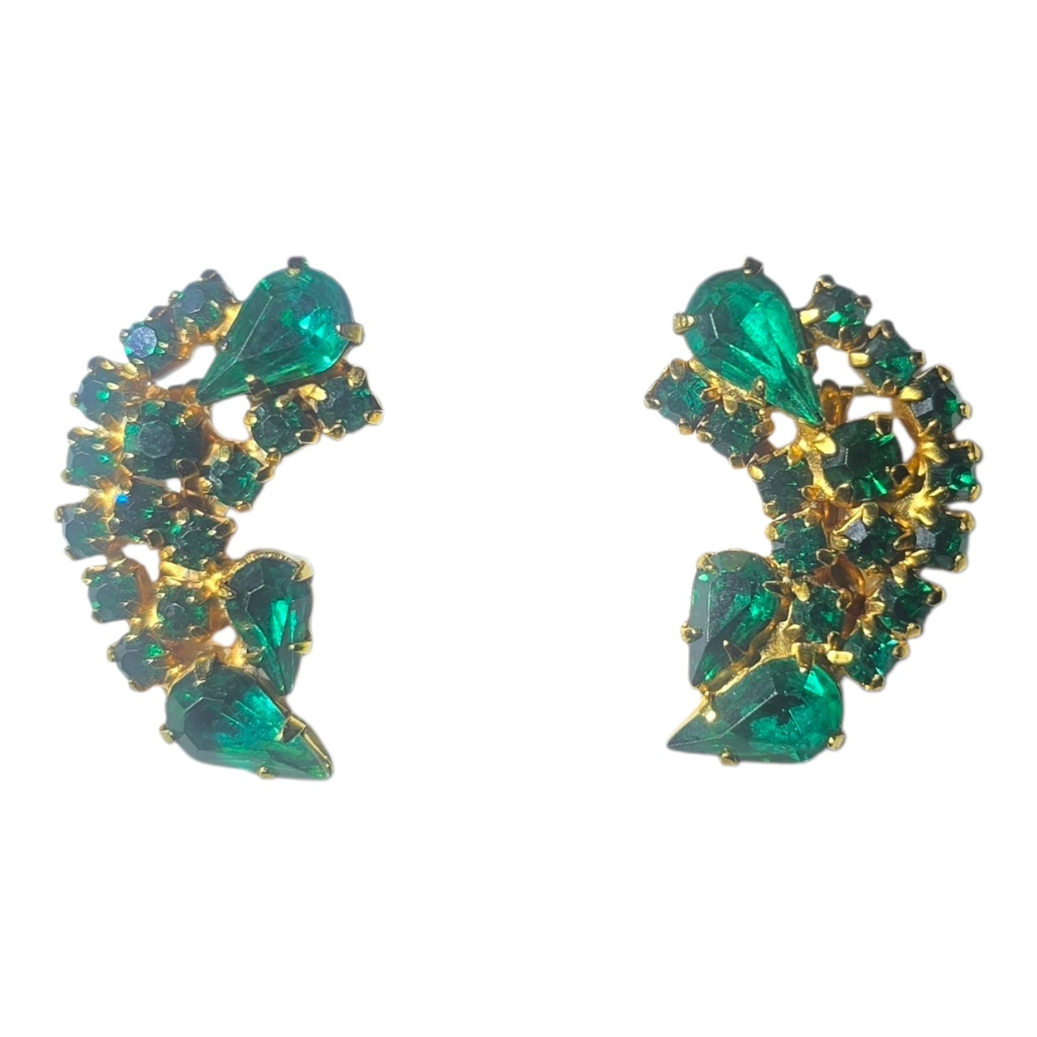 Vintage La Roco Emerald Rhinestone Clip‑On Earrings Gold‑Tone Mid‑Century Glam