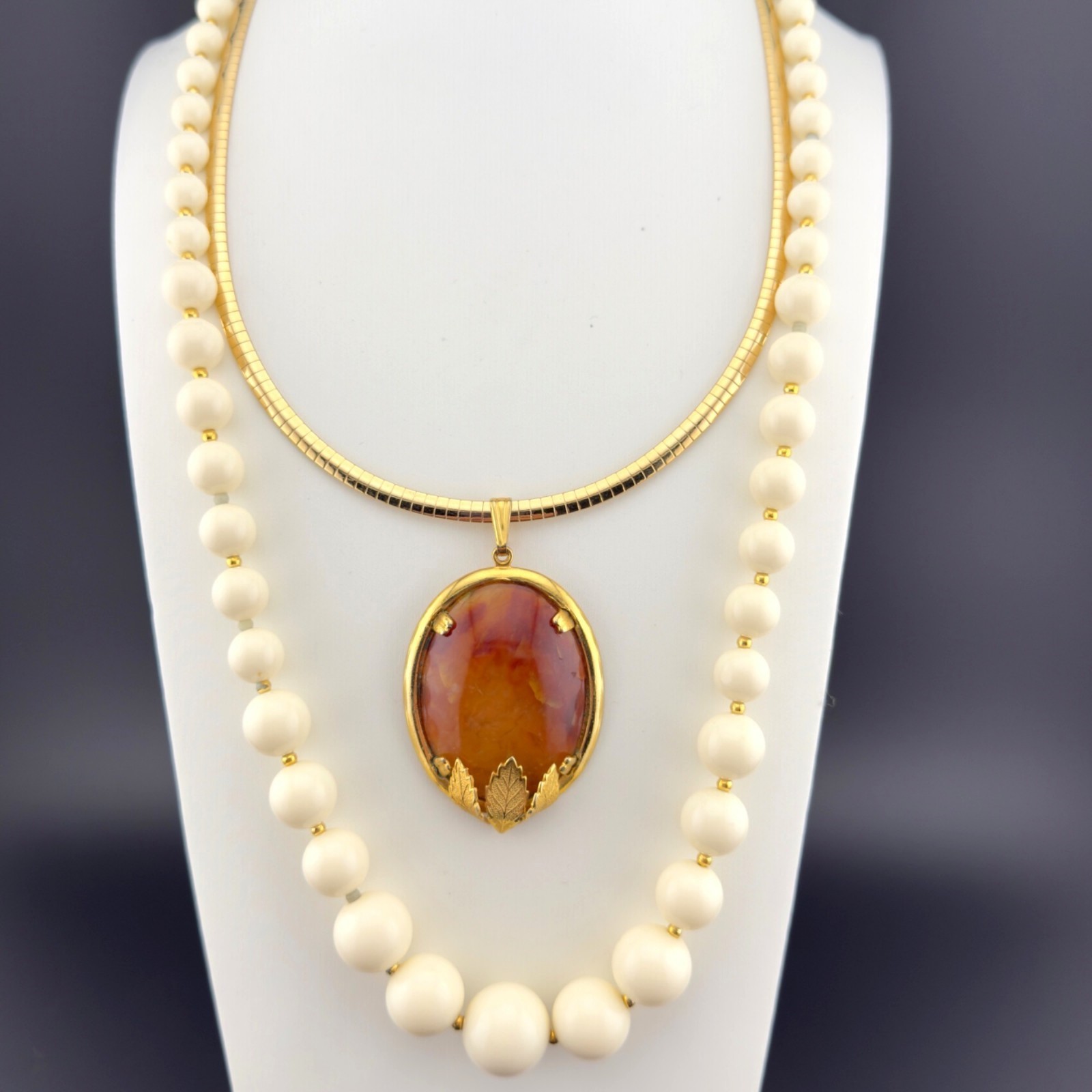 Vintage Glass Cabochon Pendant Necklace Set Orange Brown Beaded Gold Tone