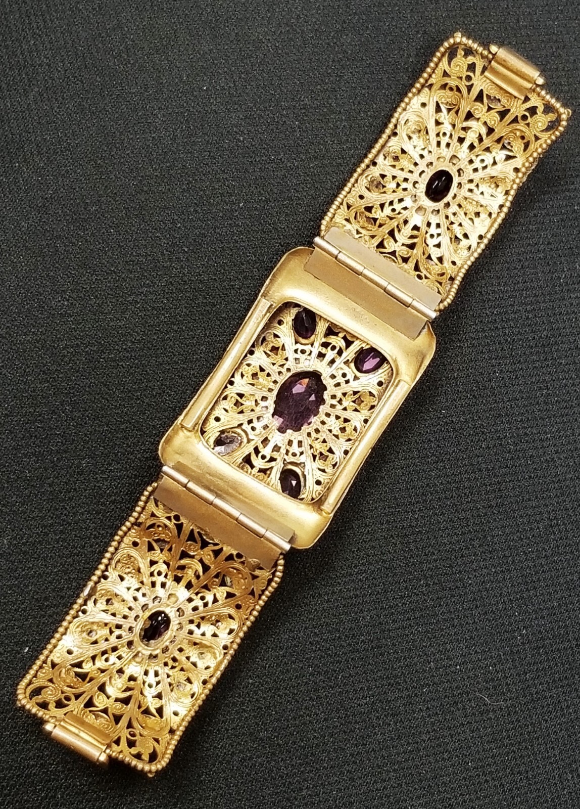 Georgian Style Czech Open Back Amethyst Cannetille Wire Work Panel Bracelet