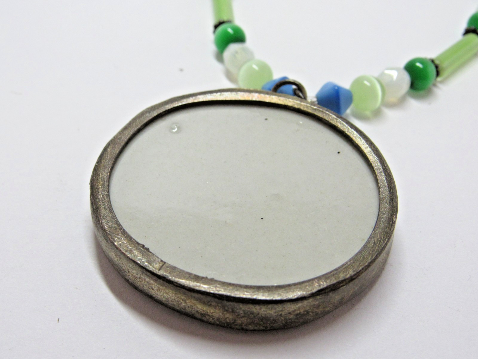 Vintage Silver Tone Glass Bead Necklace Floral Boho Retro Green Mod #J